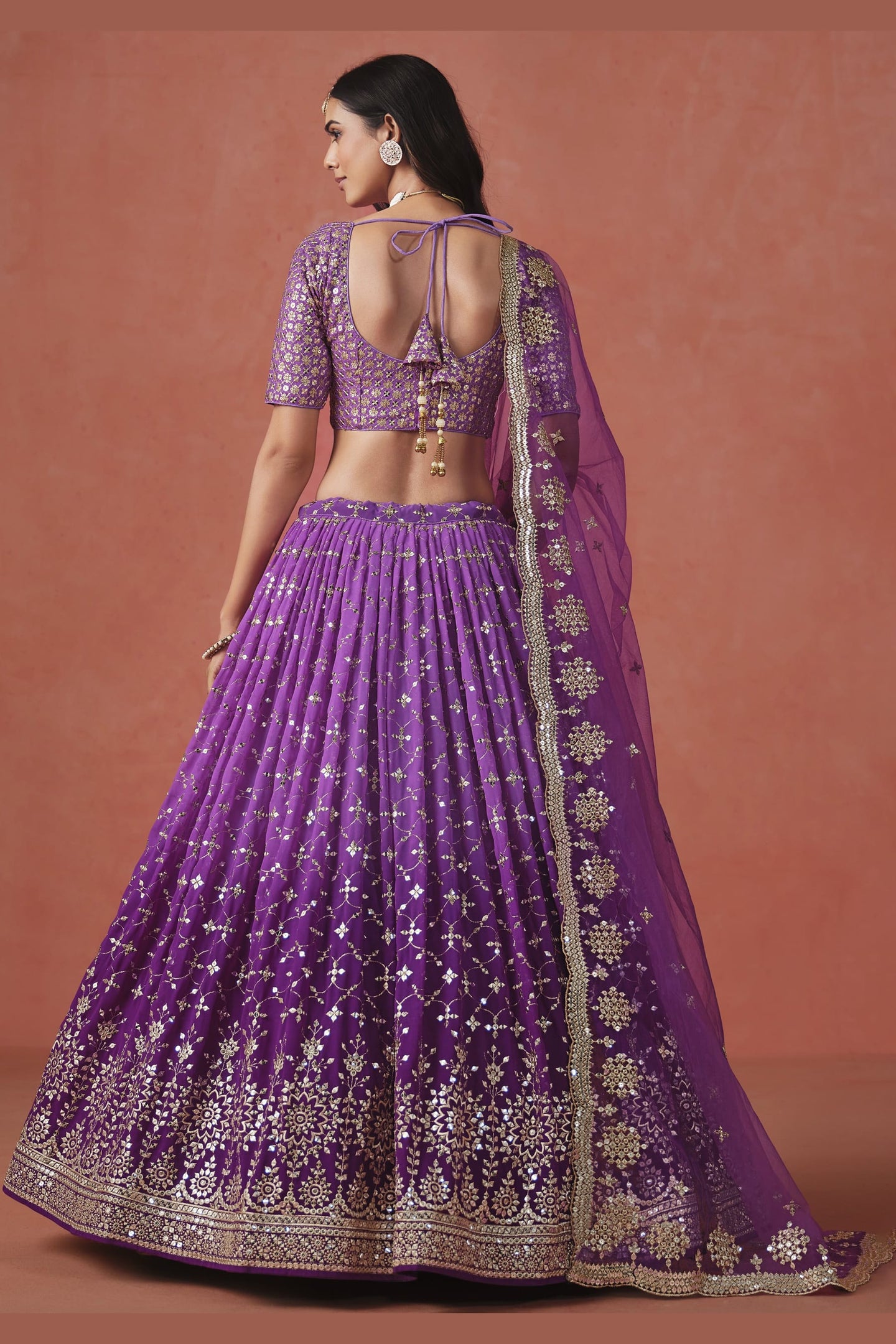 Purple Georgette Lehenga Choli For Indian & Pakistani Wedding Festival - Sequins & Thread Embroidery Work, Zari Work