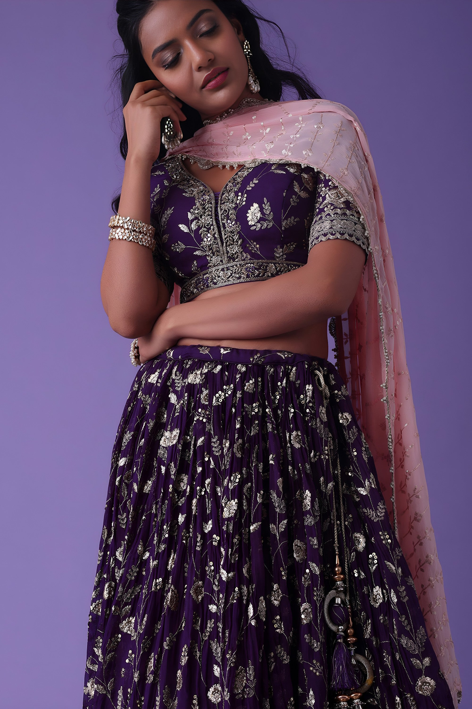 Purple Georgette Lehenga Choli For Indian & Pakistani Wedding Festival - Zari Work, Sequence Embroidery Work