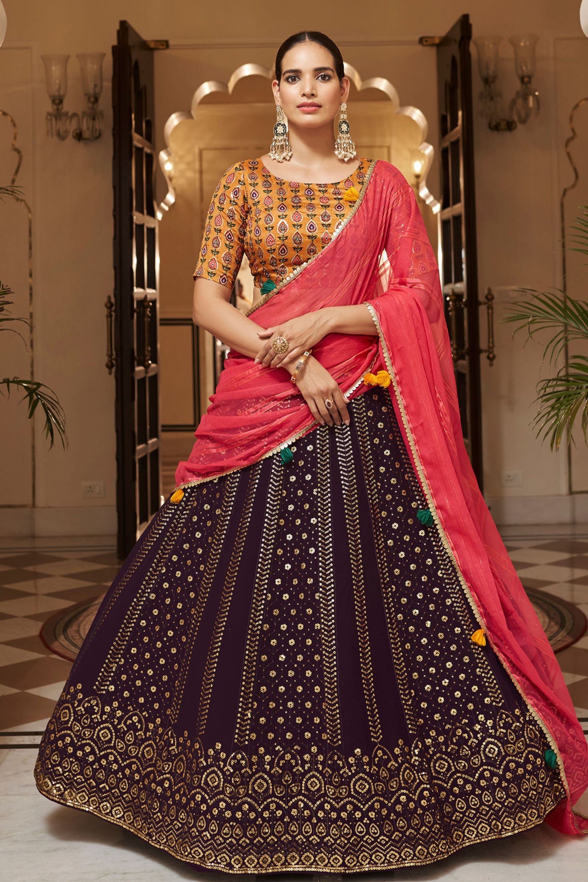 Purple Georgette Lehengas Choli For Indian Festivals & Weddings - Sequence Embroidery Work, Print Work