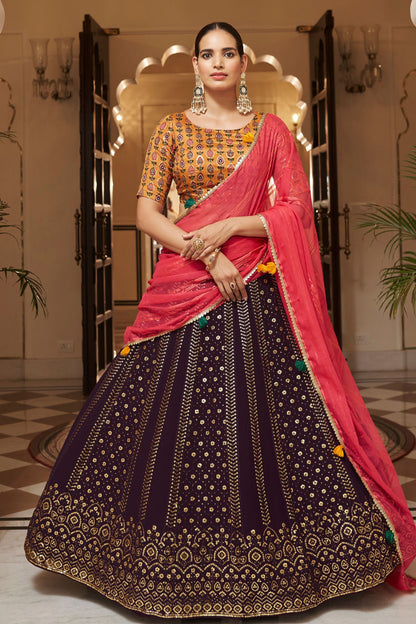 Purple Georgette Lehengas Choli For Indian Festivals & Weddings - Sequence Embroidery Work, Print Work