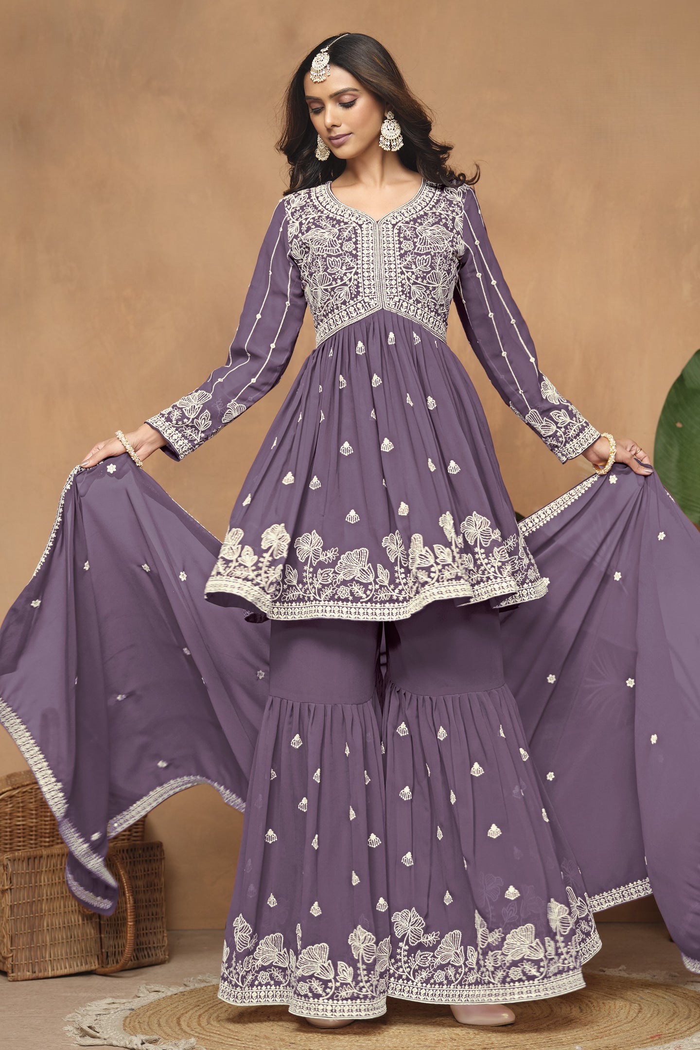 Purple Georgette Light Sharara Suit with Thread Embroidery