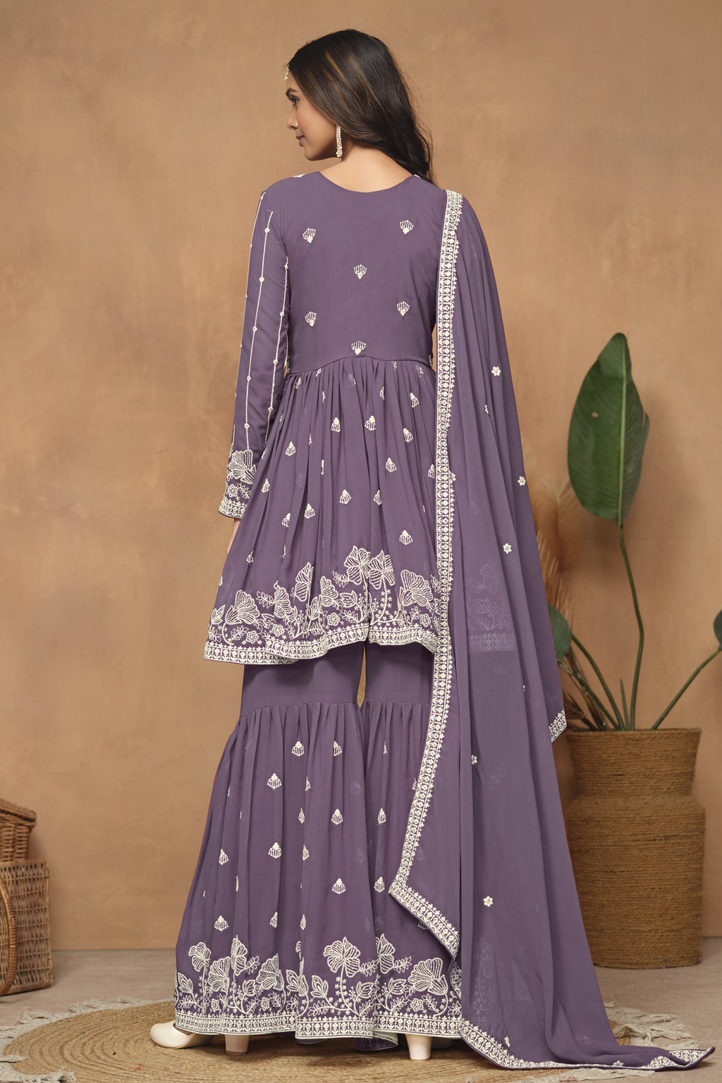 Purple Georgette Light Sharara Suit with Thread Embroidery