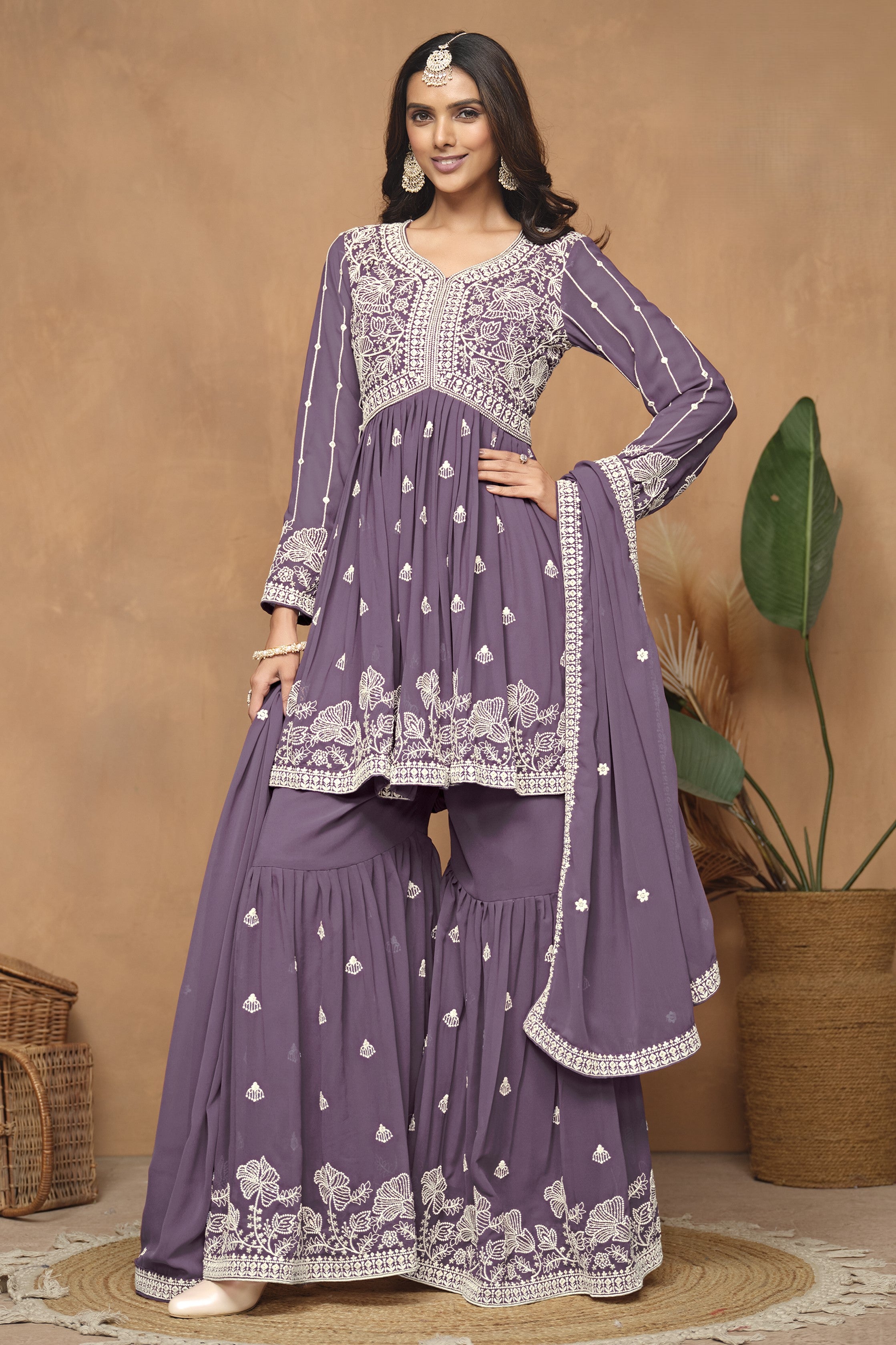 Purple Georgette Light Sharara Suit with Thread Embroidery