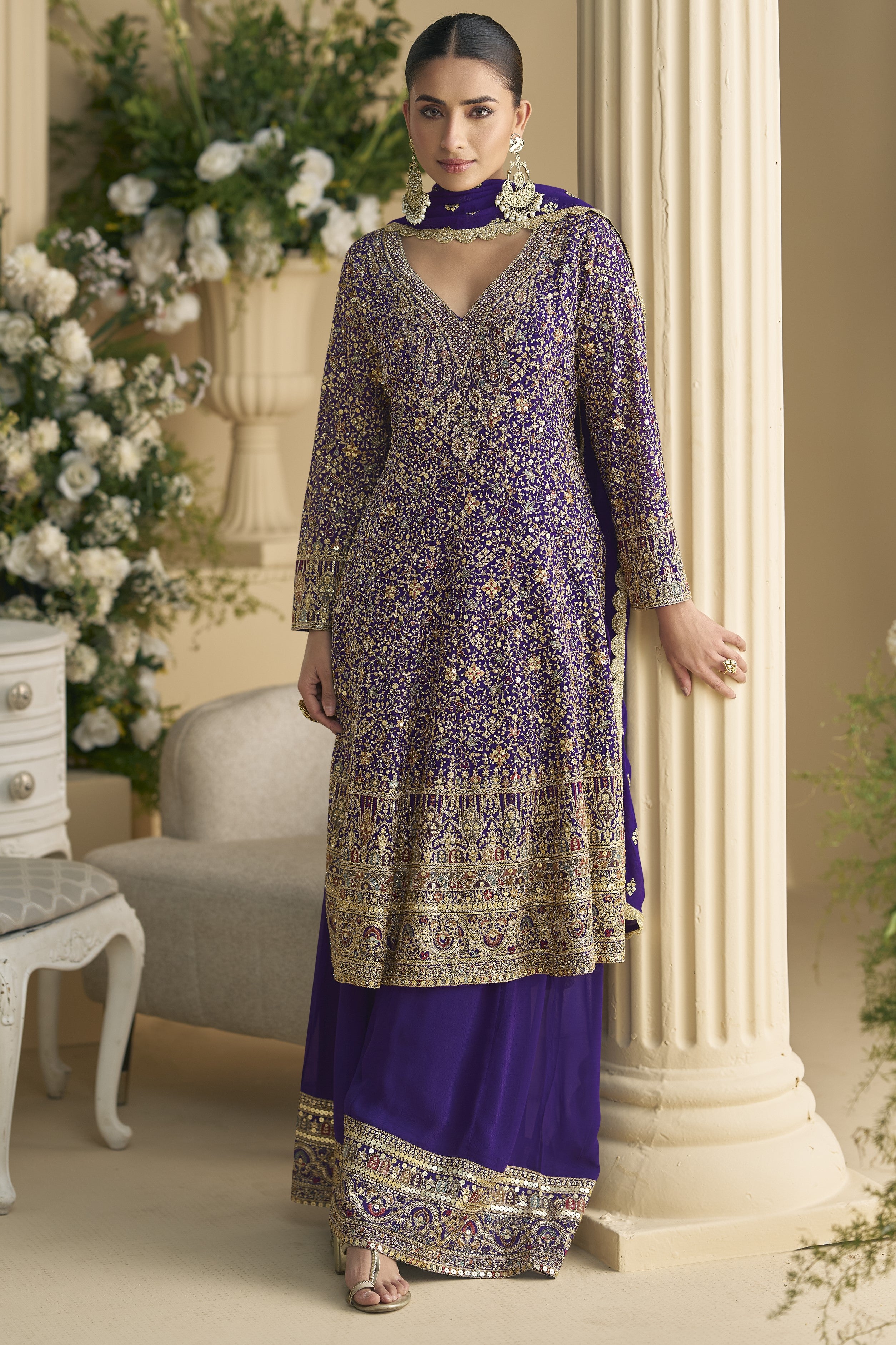 Purple Georgette Palazzo Suit For Indian & Pakistani Wedding Festival - Embroidery Work, Swarovski Work
