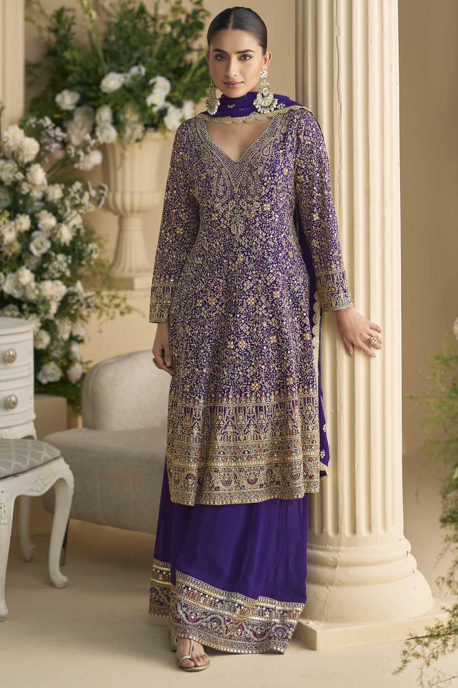 Purple Georgette Palazzo Suit For Indian & Pakistani Wedding Festival - Embroidery Work, Swarovski Work