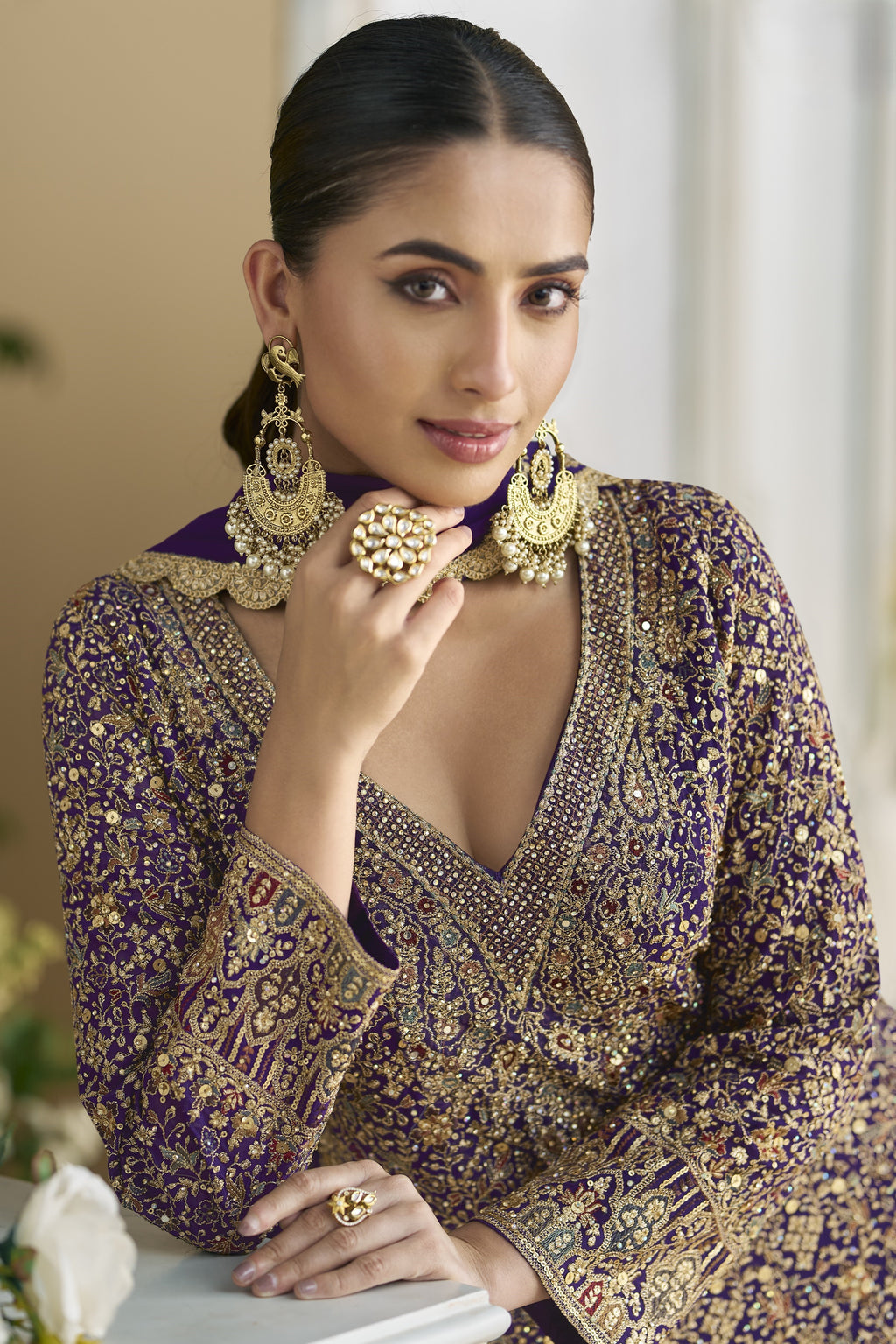 Purple Georgette Palazzo Suit For Indian & Pakistani Wedding Festival - Embroidery Work, Swarovski Work