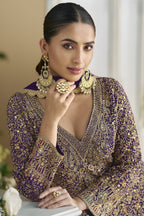 Purple Georgette Palazzo Suit For Indian & Pakistani Wedding Festival - Embroidery Work, Swarovski Work