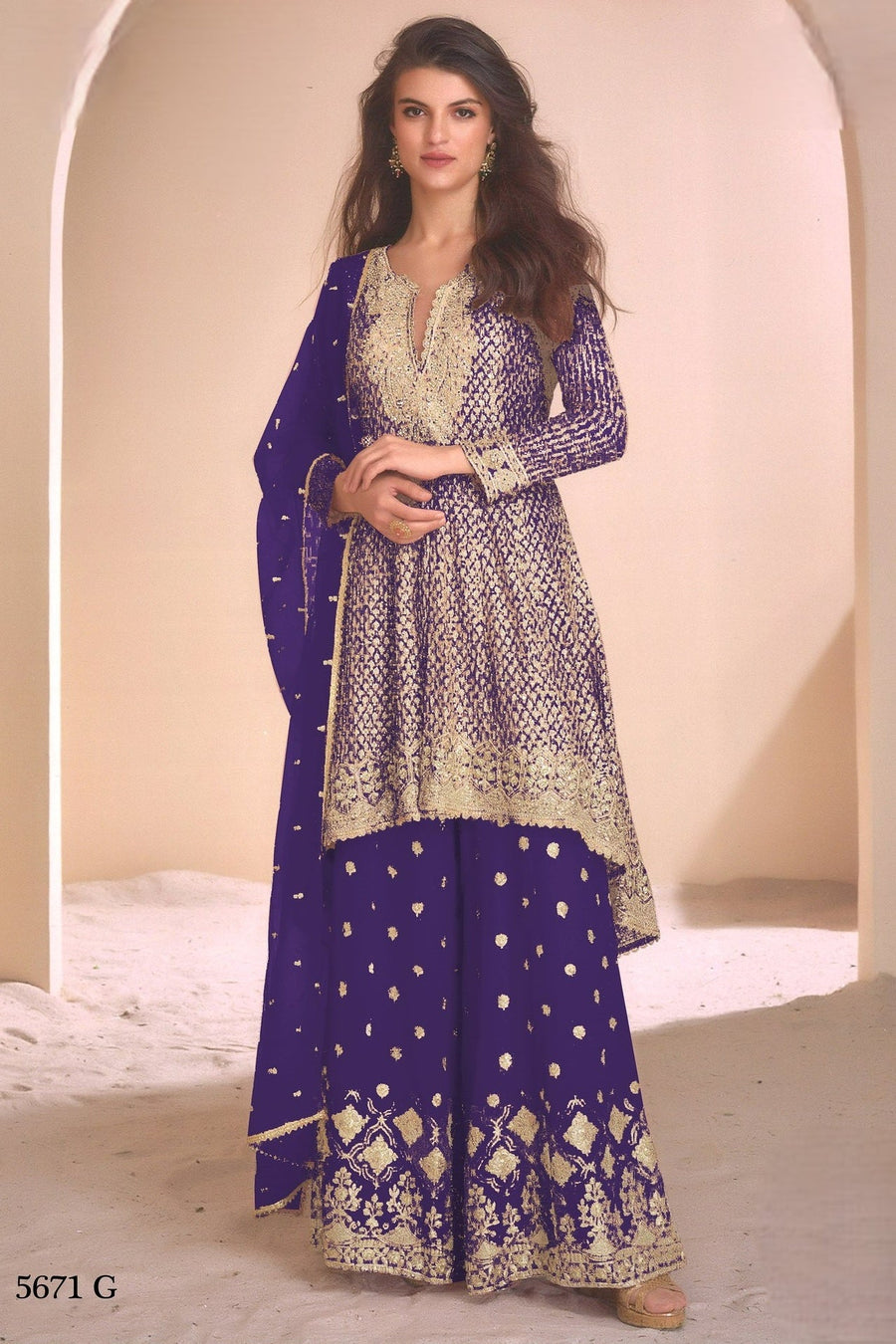 Purple Georgette Plazo Suit For Indian & Pakistani Wedding Festival - Embroidery Work, Swarovski Work