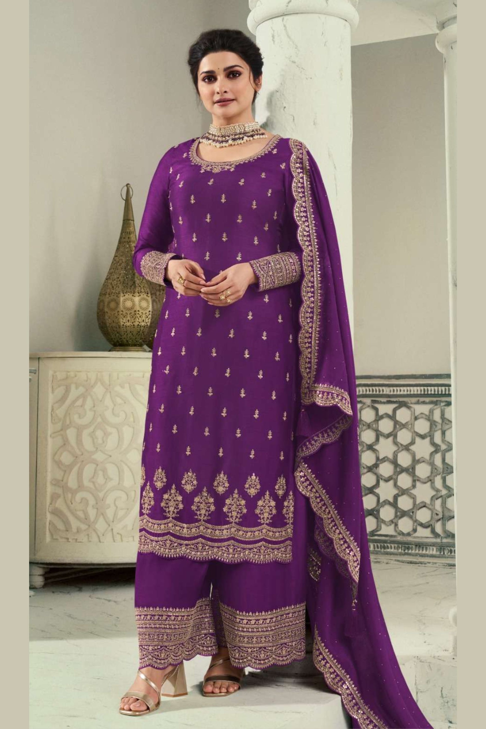 Purple Georgette Silk Kameez with Pant Suit For Indian Festivals Pakistani Weddings Dress Thread Embroidery Work