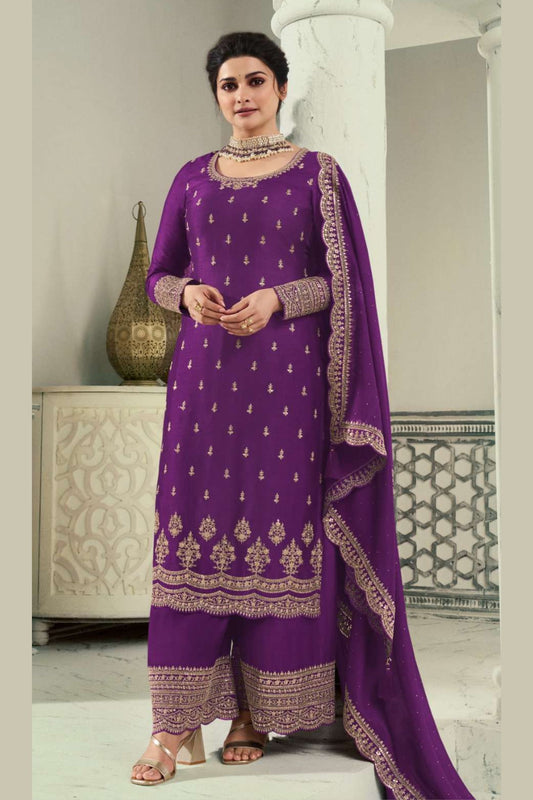 Purple Georgette Silk Salwar Kameez Suit For Indian Festivals & Pakistani Weddings Dress - Thread Embroidery Work