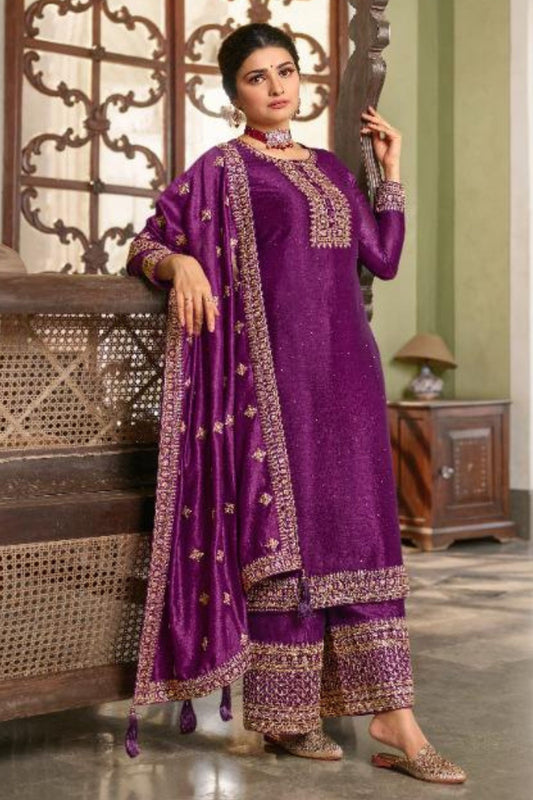 Purple Georgette Silk Salwar Kameez Suit For Indian Festivals & Pakistani Weddings Dress - Thread Embroidery Work