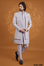 Purple Gray 3 Piece Sherwani for Men Wedding in Art Silk & Thread Work