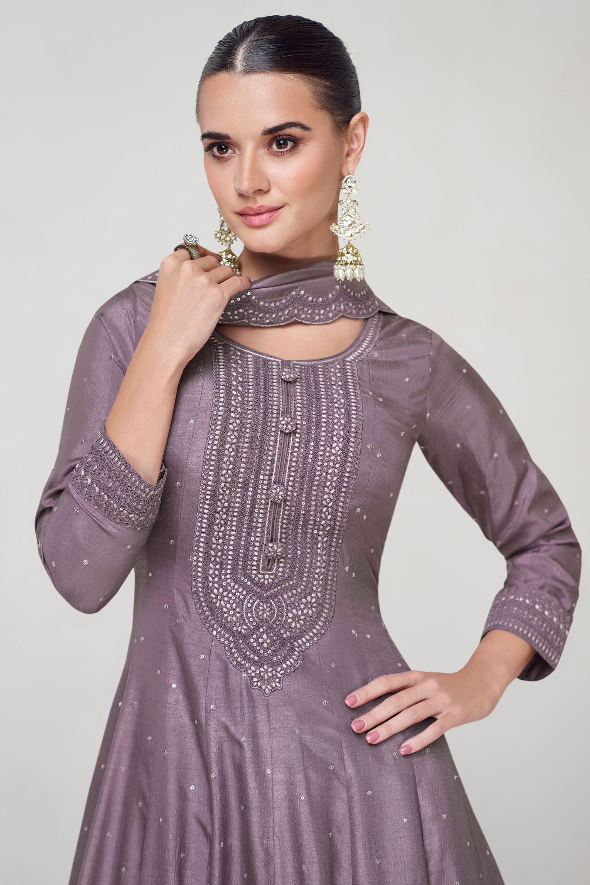 Purple Gray Silk Anarkali Gown Suit For Indian Festivals & Weddings - Embroidery Work