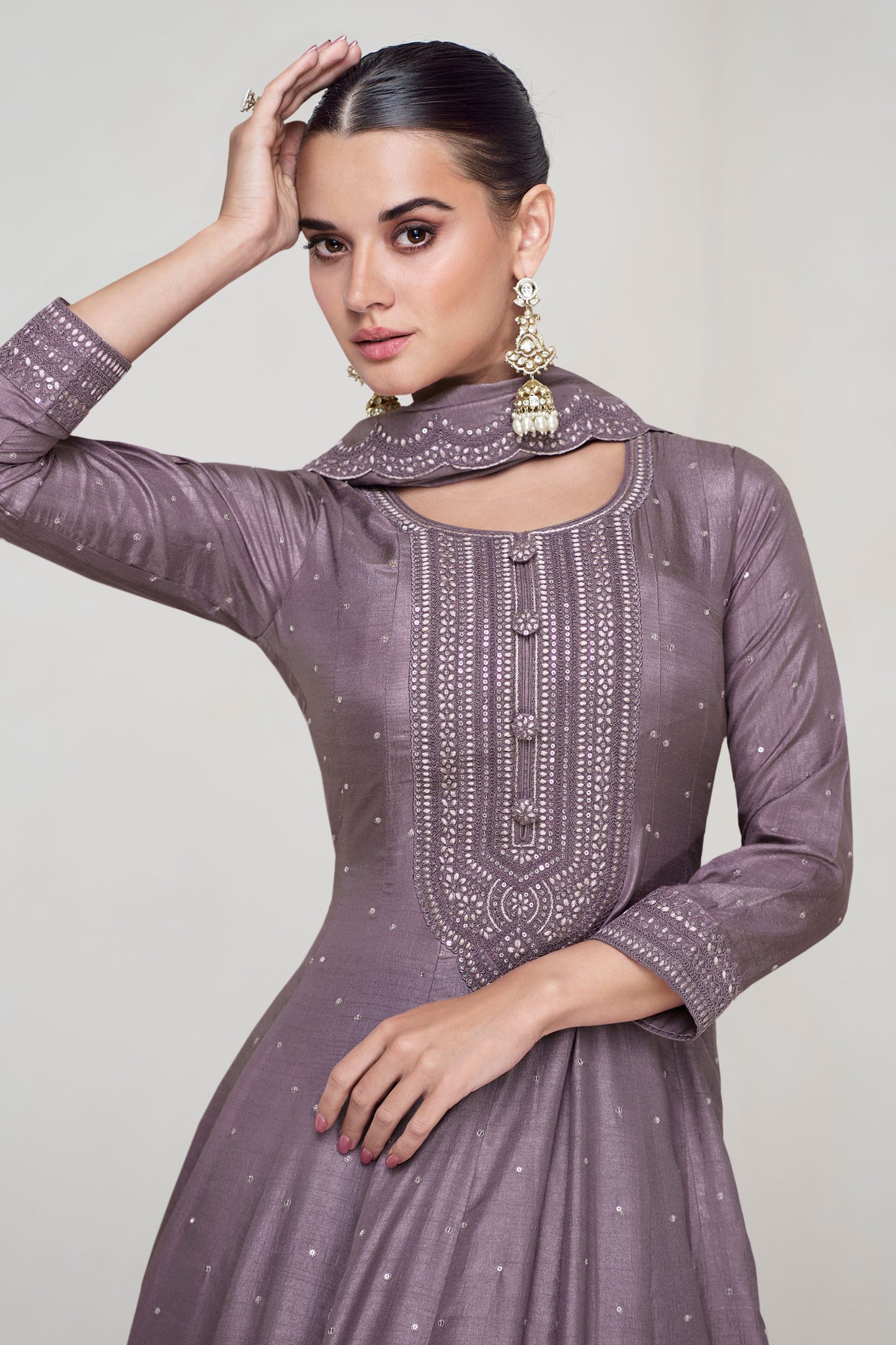 Purple Gray Silk Anarkali Gown Suit For Indian Festivals & Weddings - Embroidery Work