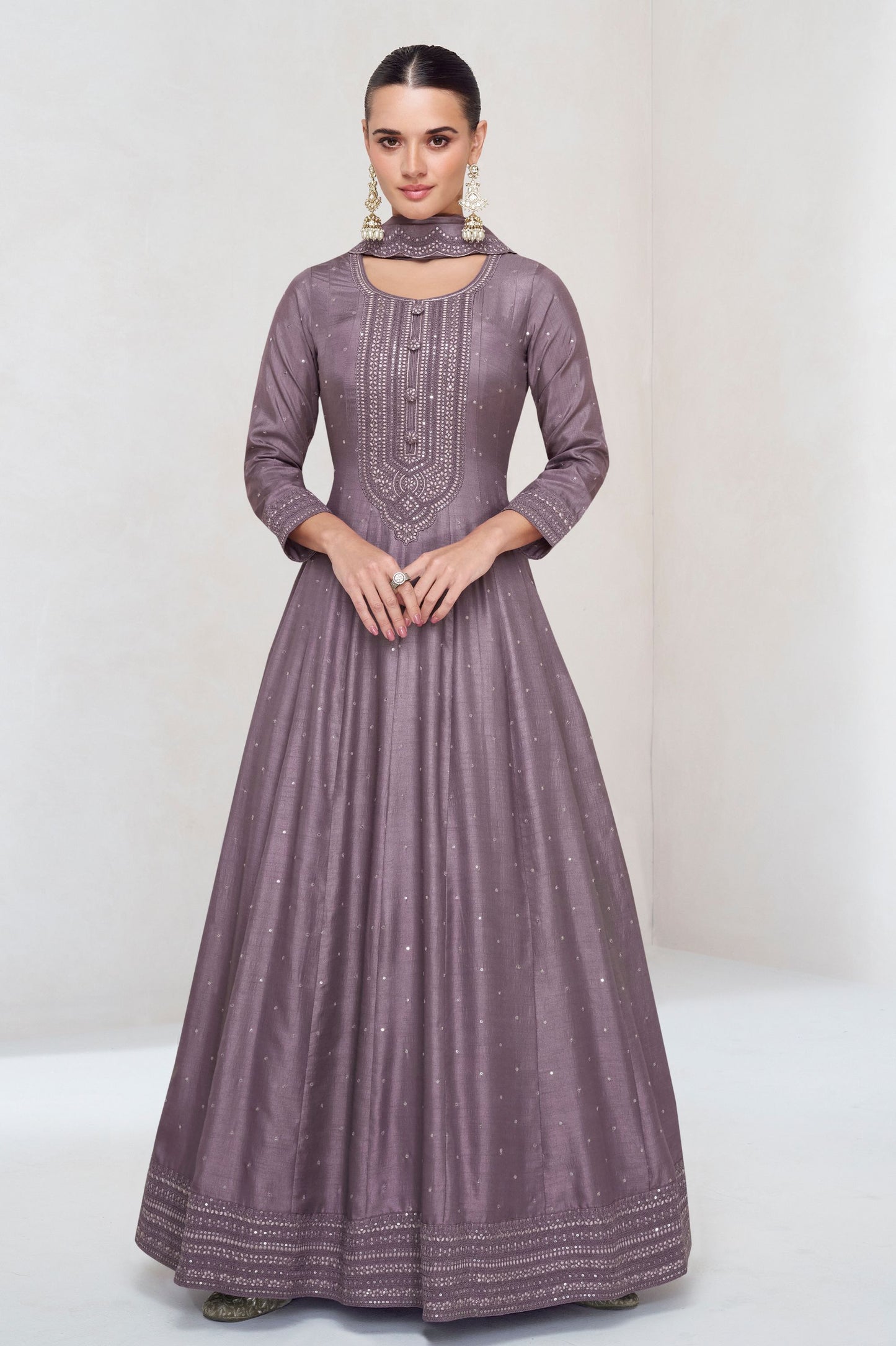 Purple Gray Silk Anarkali Gown Suit For Indian Festivals & Weddings - Embroidery Work