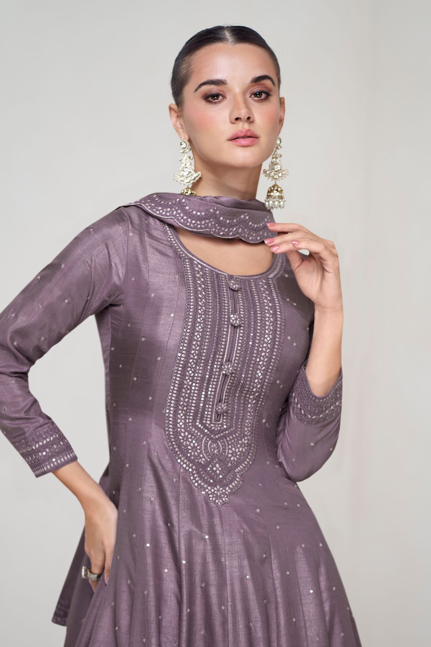 Purple Gray Silk Anarkali Gown Suit For Indian Festivals & Weddings - Embroidery Work