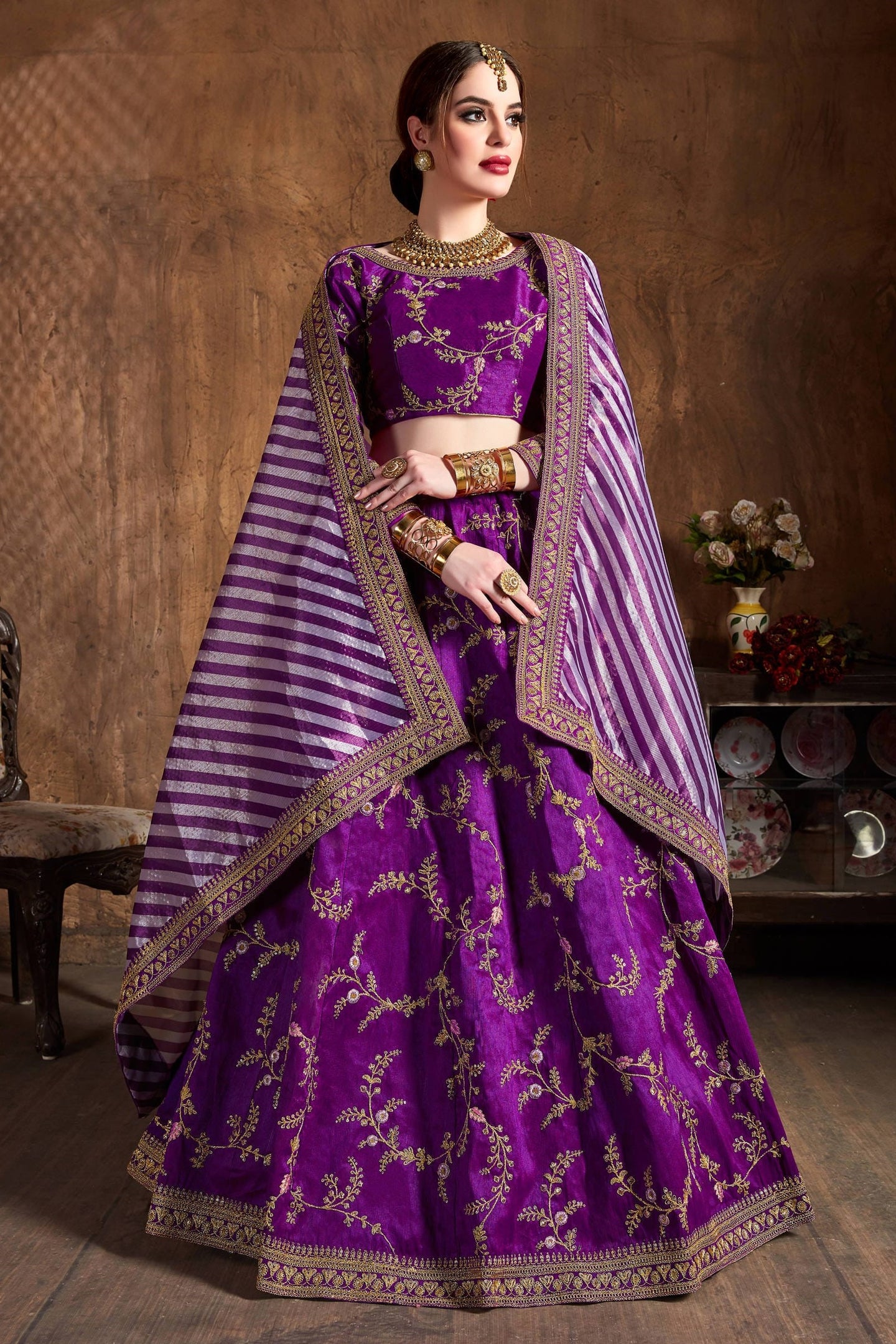 Purple Mulberry Silk Lehenga for Women with Zari and Sequins Work