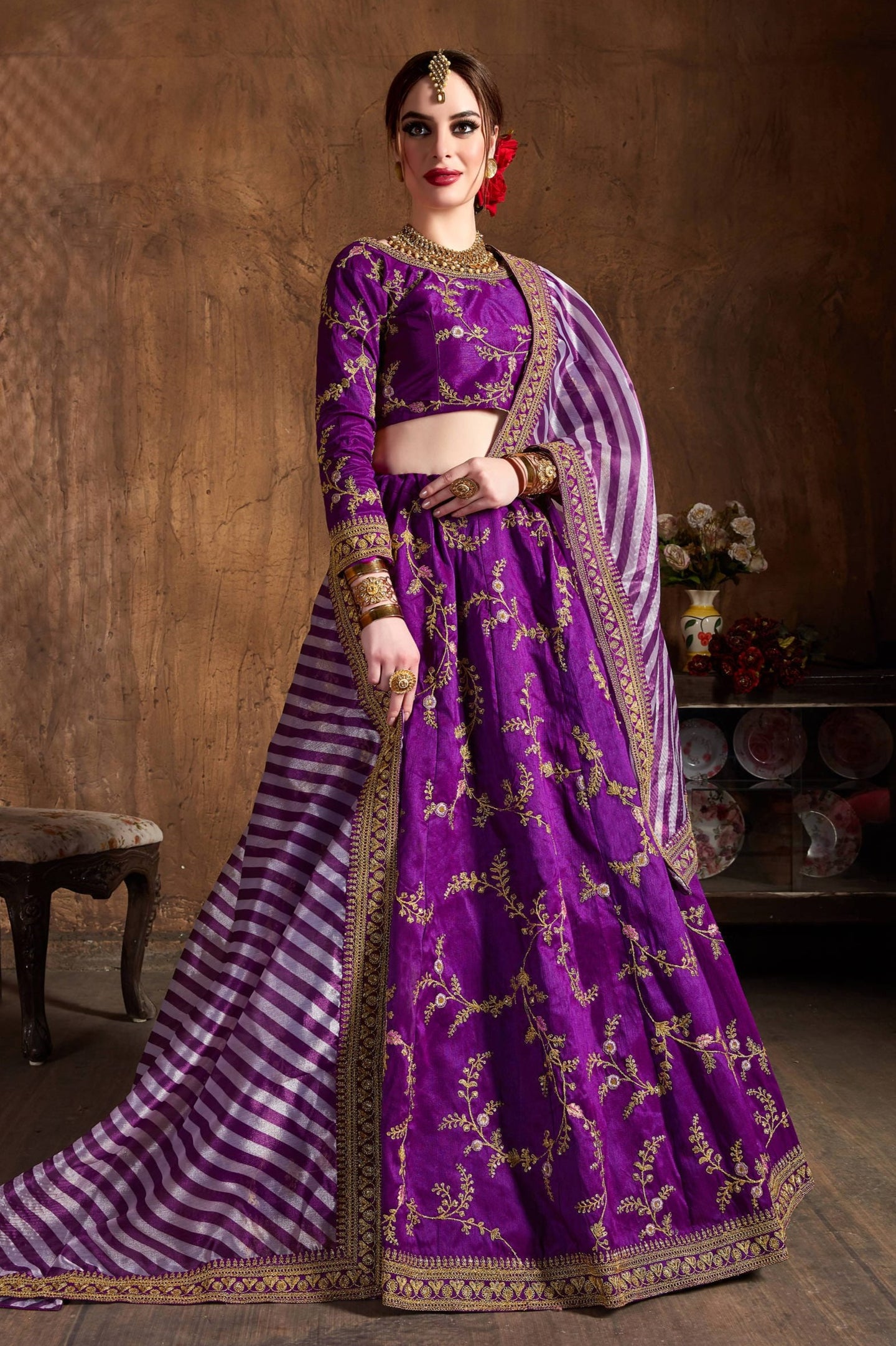 Purple Mulberry Silk Lehenga for Women with Zari and Sequins Work