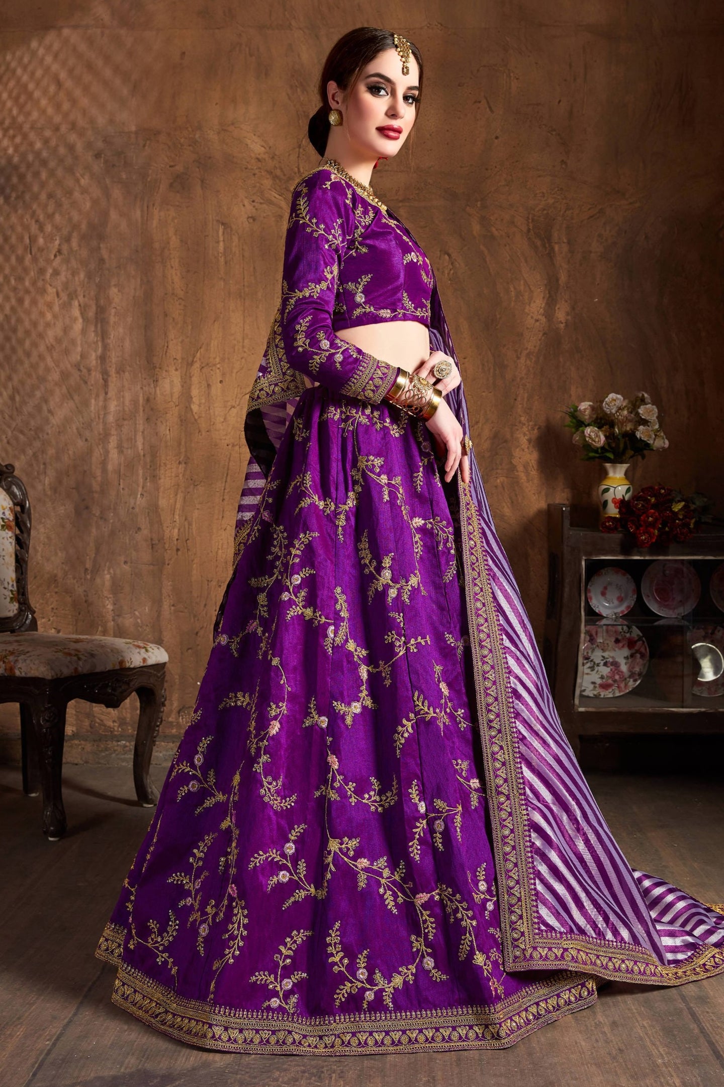 Purple Mulberry Silk Lehenga for Women with Zari and Sequins Work