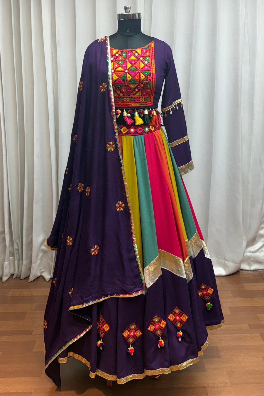 Purple Multicolor Viscose Cotton Navratri Chaniya Choli For Indian Garba 10 Meter Flair - Real Mirror Work, Thread Embroidery Work