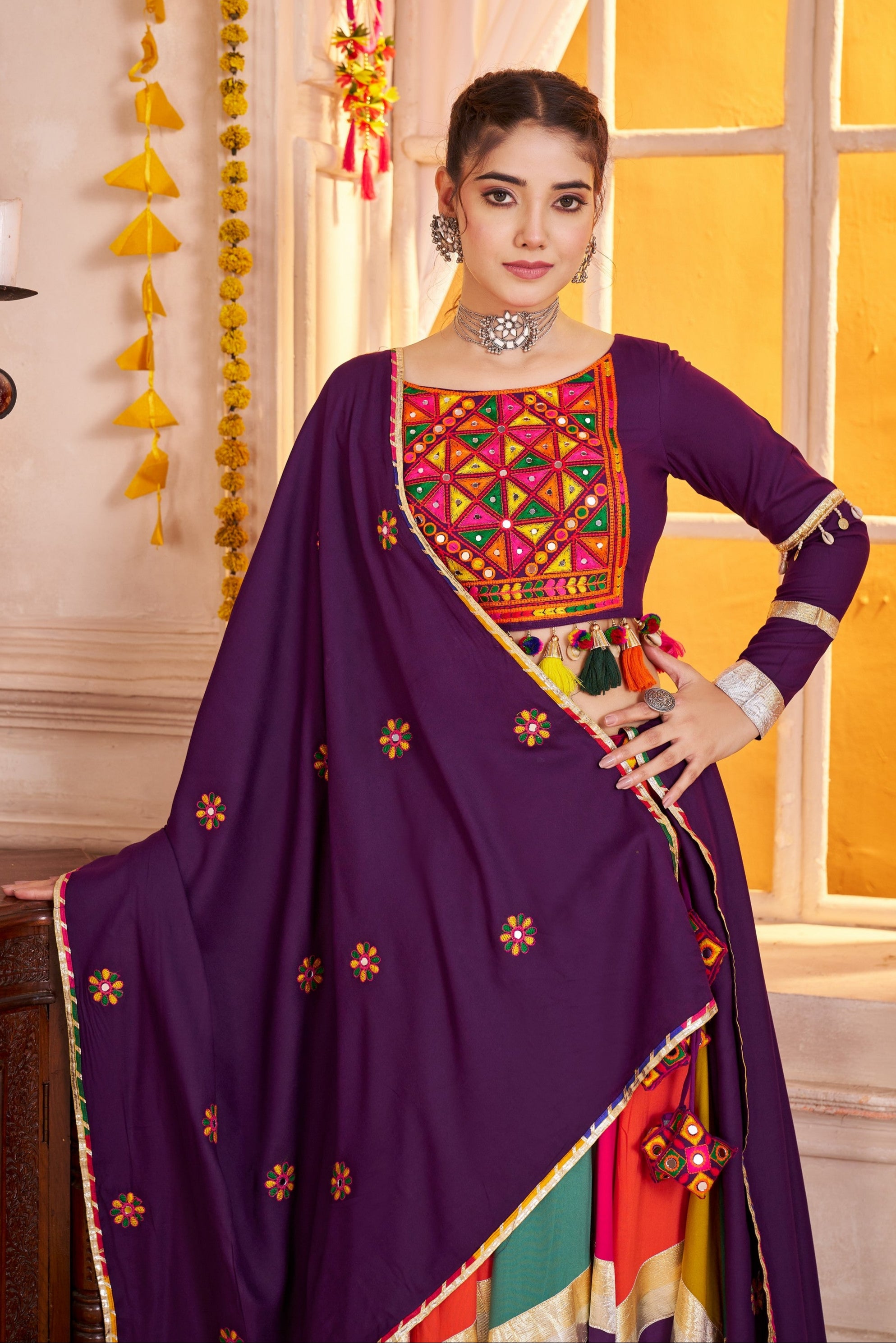 Purple Multicolor Viscose Cotton Navratri Chaniya Choli For Indian Garba 10 Meter Flair - Real Mirror Work, Thread Embroidery Work