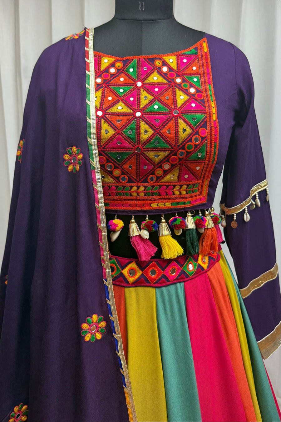 Purple Multicolor Viscose Cotton Navratri Chaniya Choli For Indian Garba 10 Meter Flair - Real Mirror Work, Thread Embroidery Work
