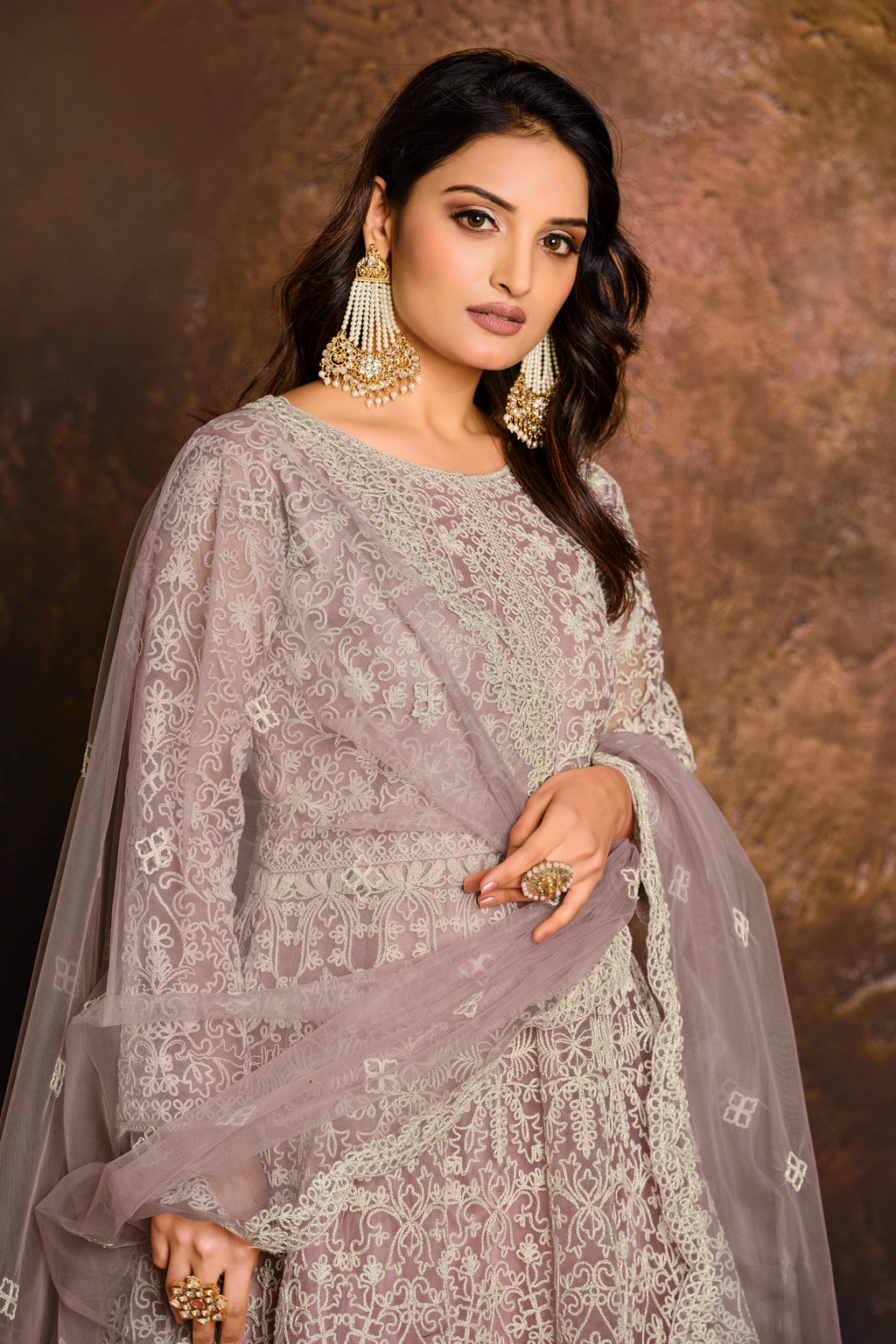 Purple Net Anarkali with Embroidery for Sangeet Outfits for Women