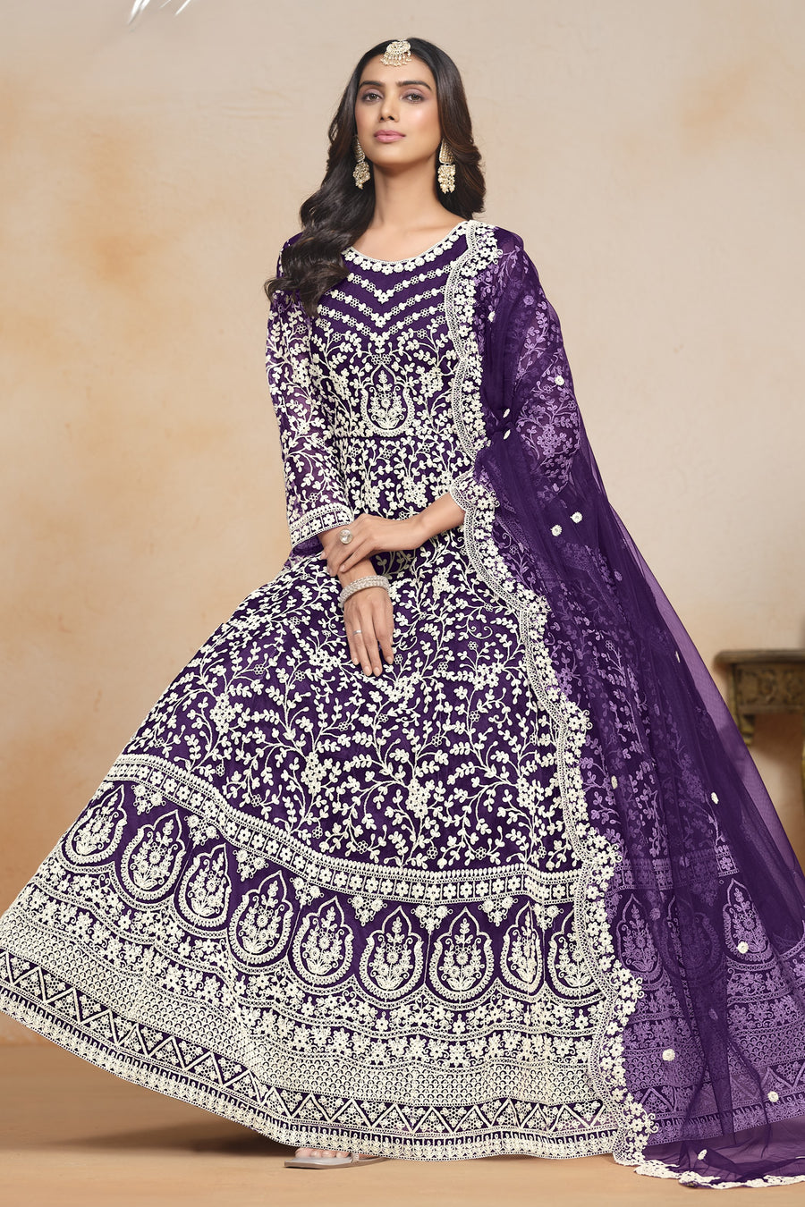 Purple Net Dori Work Anarkali for Wedding Function