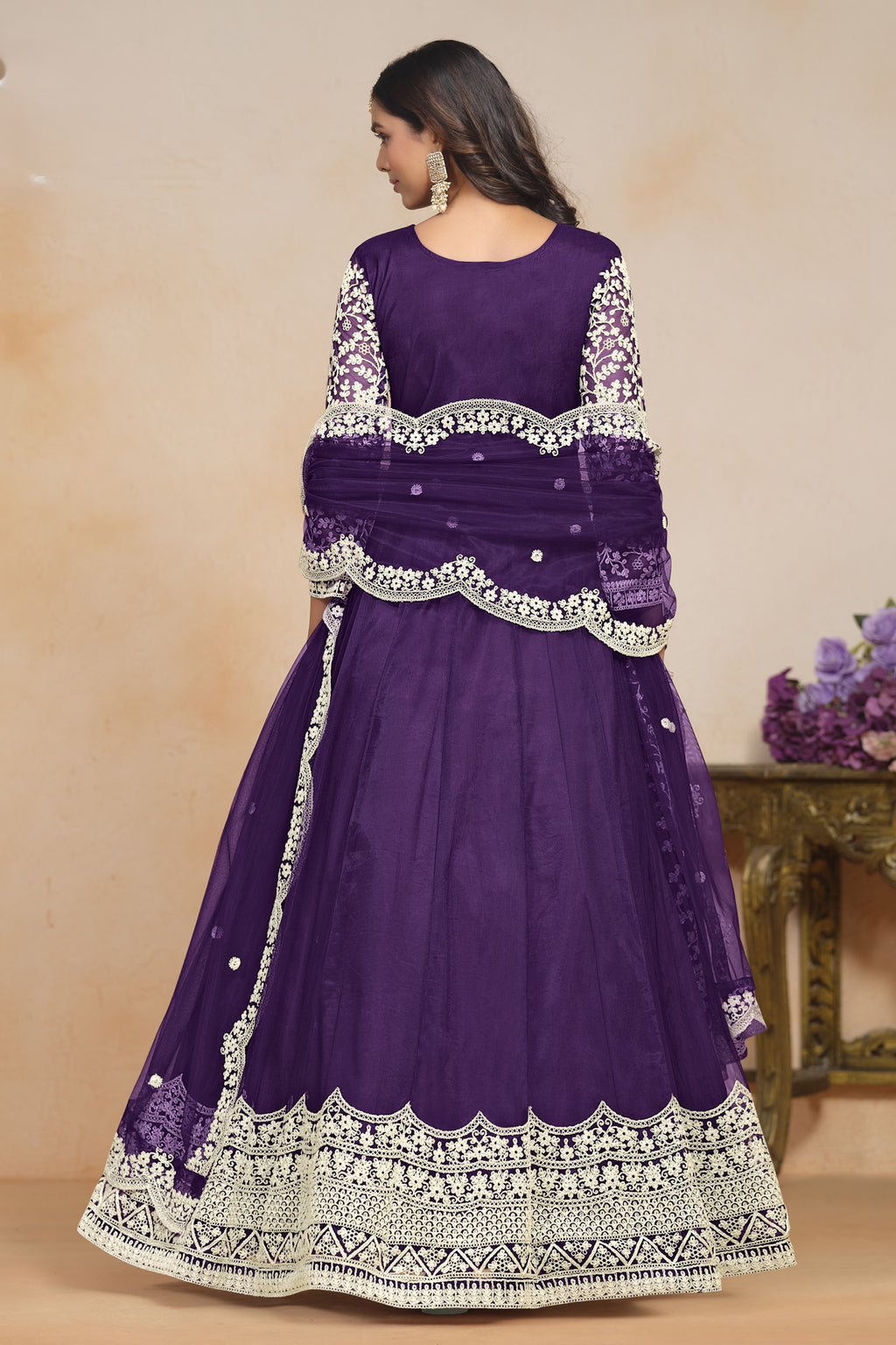 Purple Net Dori Work Anarkali for Wedding Function
