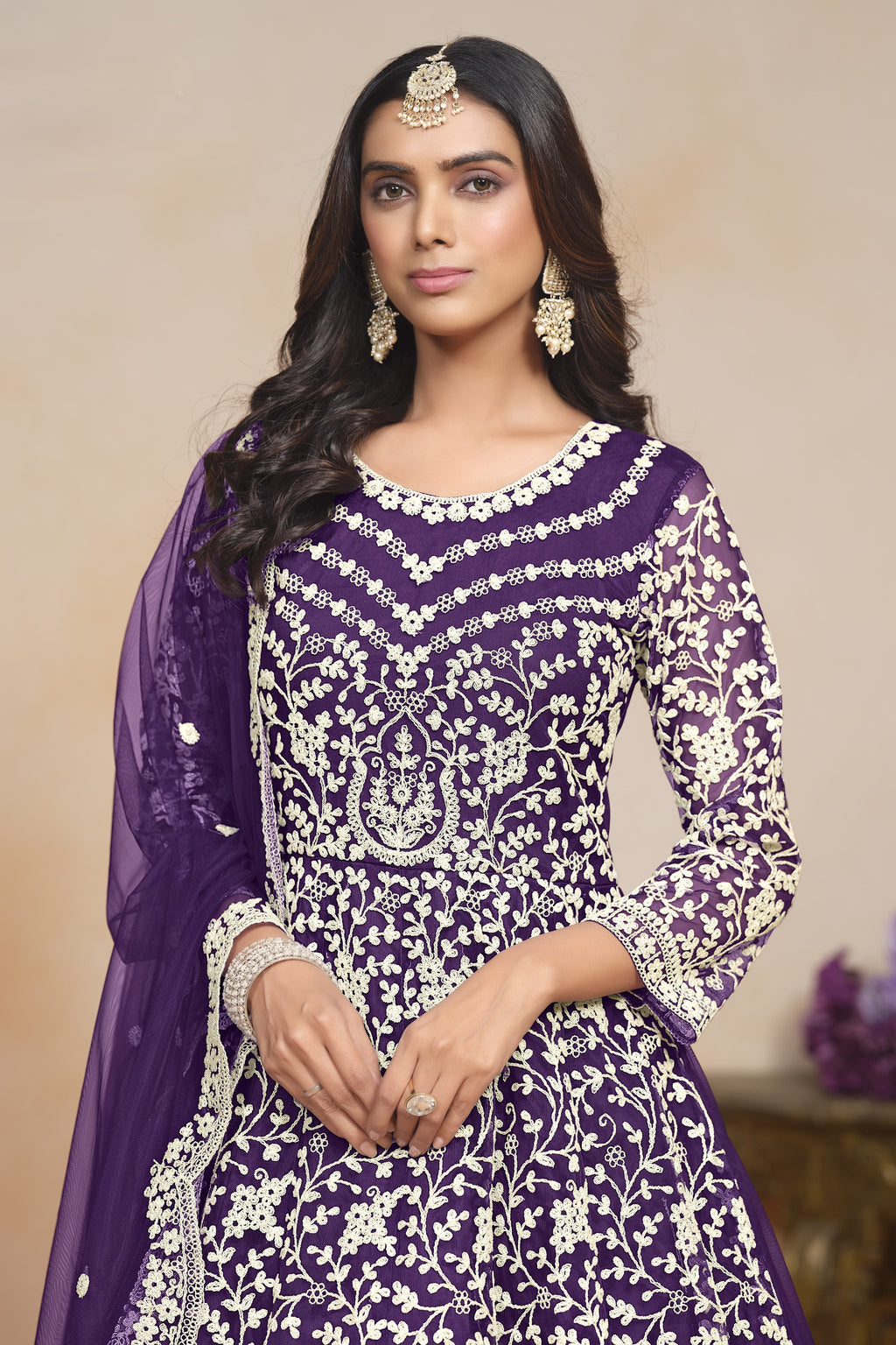 Purple Net Dori Work Anarkali for Wedding Function