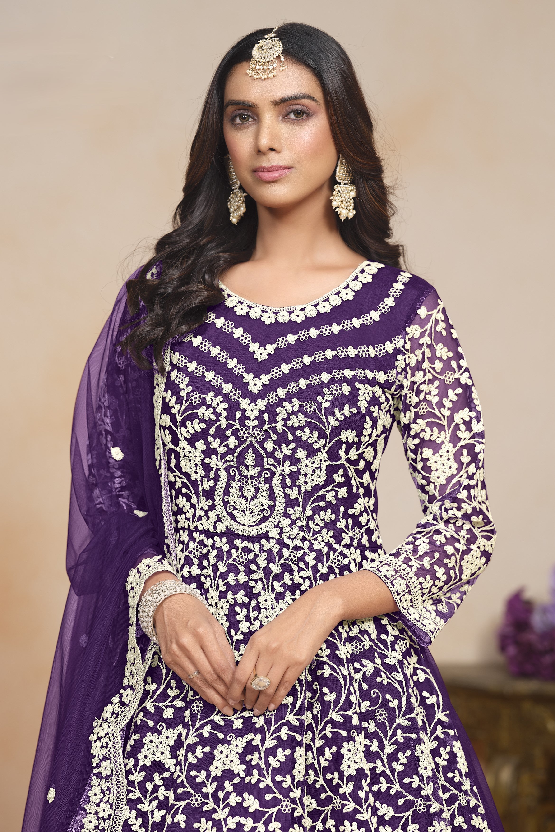 Purple Net Dori Work Anarkali for Wedding Function