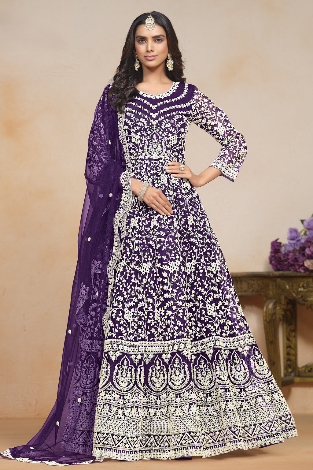 Purple Net Dori Work Anarkali for Wedding Function