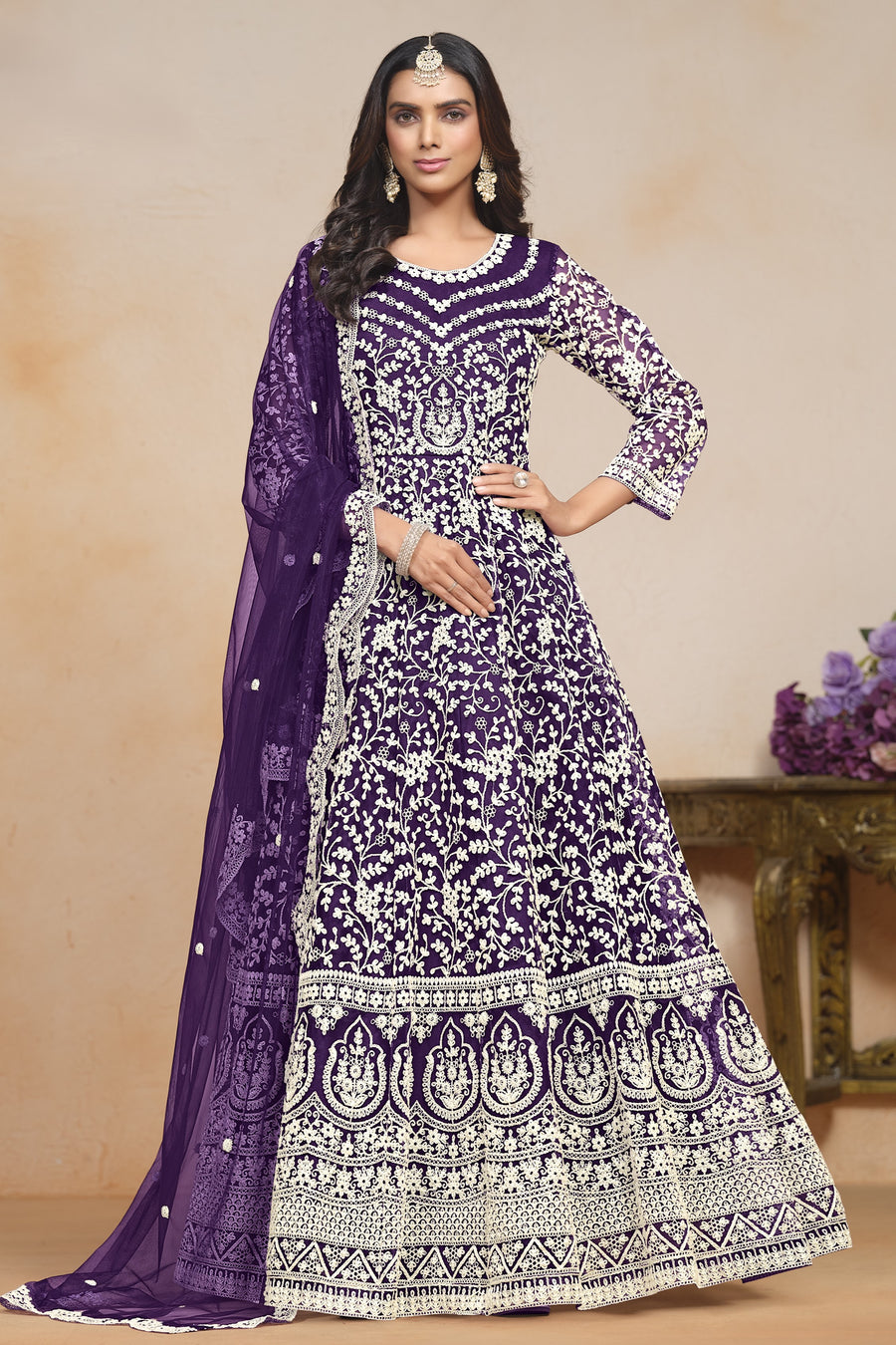 Purple Net Dori Work Anarkali for Wedding Function