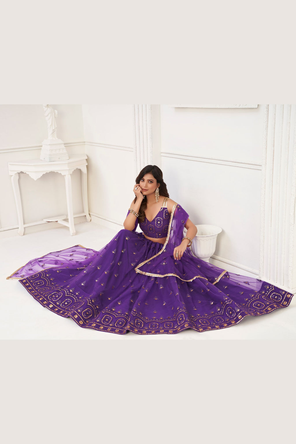 Purple Net Lengha Choli For Indian Festivals & Pakistani Weddings Dress - Embroidery Work