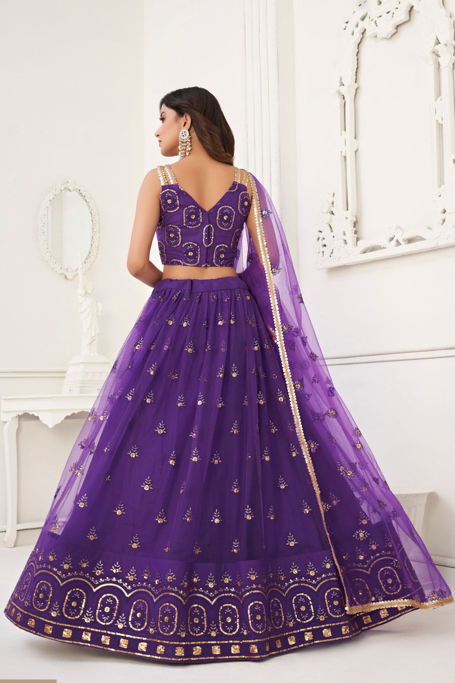 Purple Net Lengha Choli For Indian Festivals & Pakistani Weddings Dress - Embroidery Work
