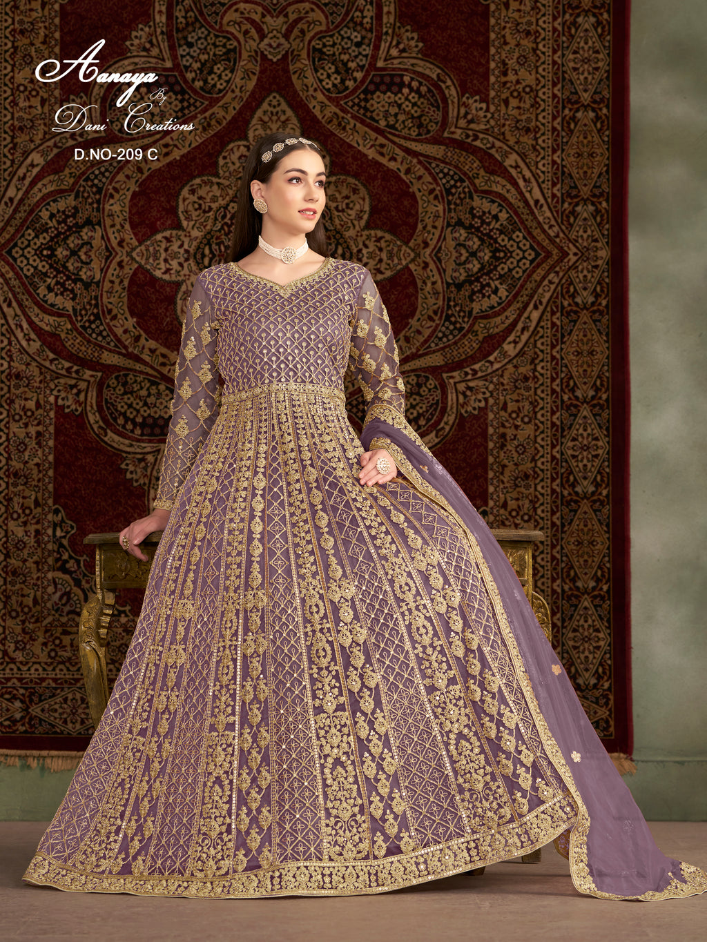 Purple Net Pakistani Anarkali Suit with Sequins and Dori Work