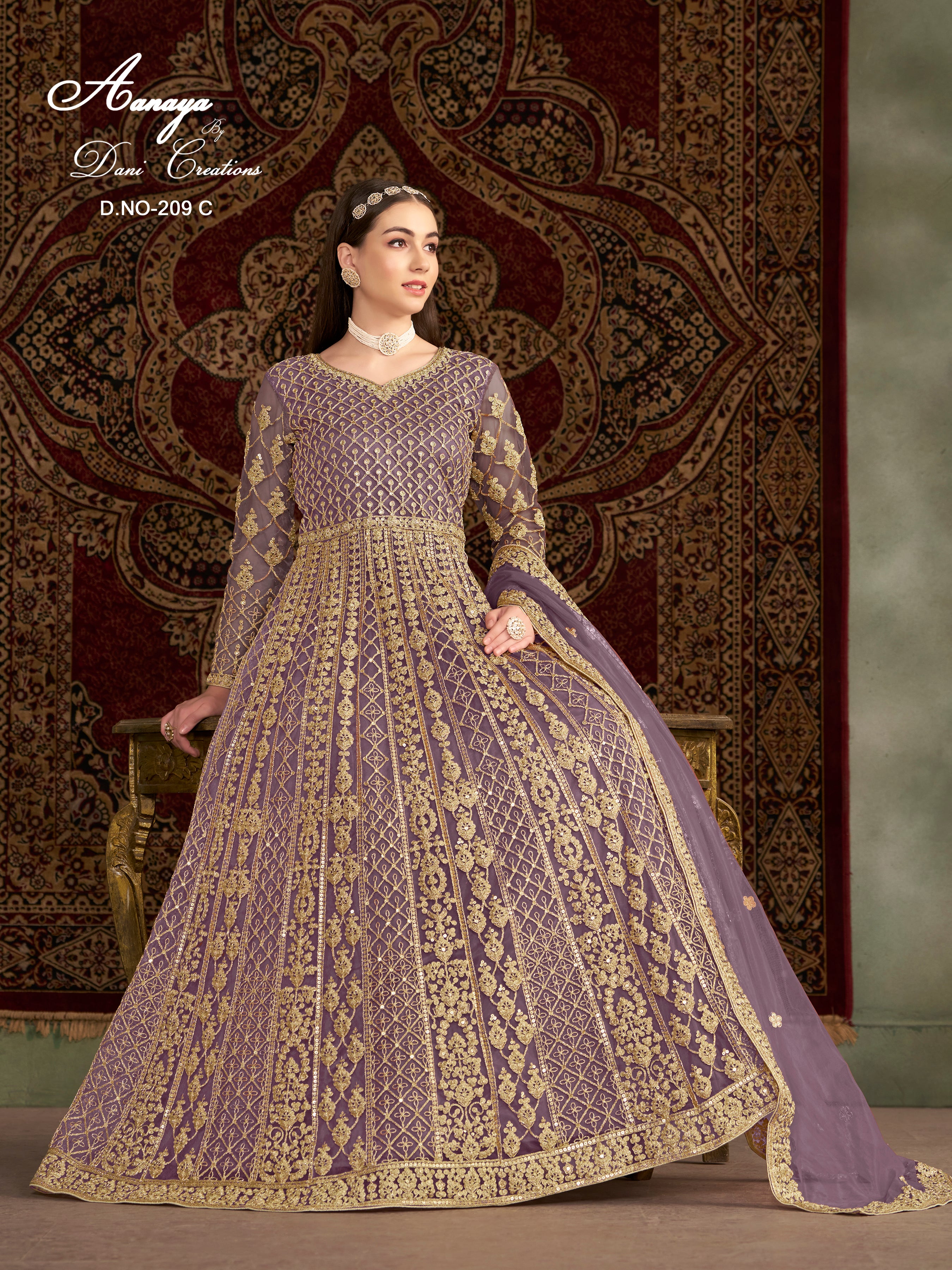Purple Net Pakistani Anarkali Suit with Sequins and Dori Work