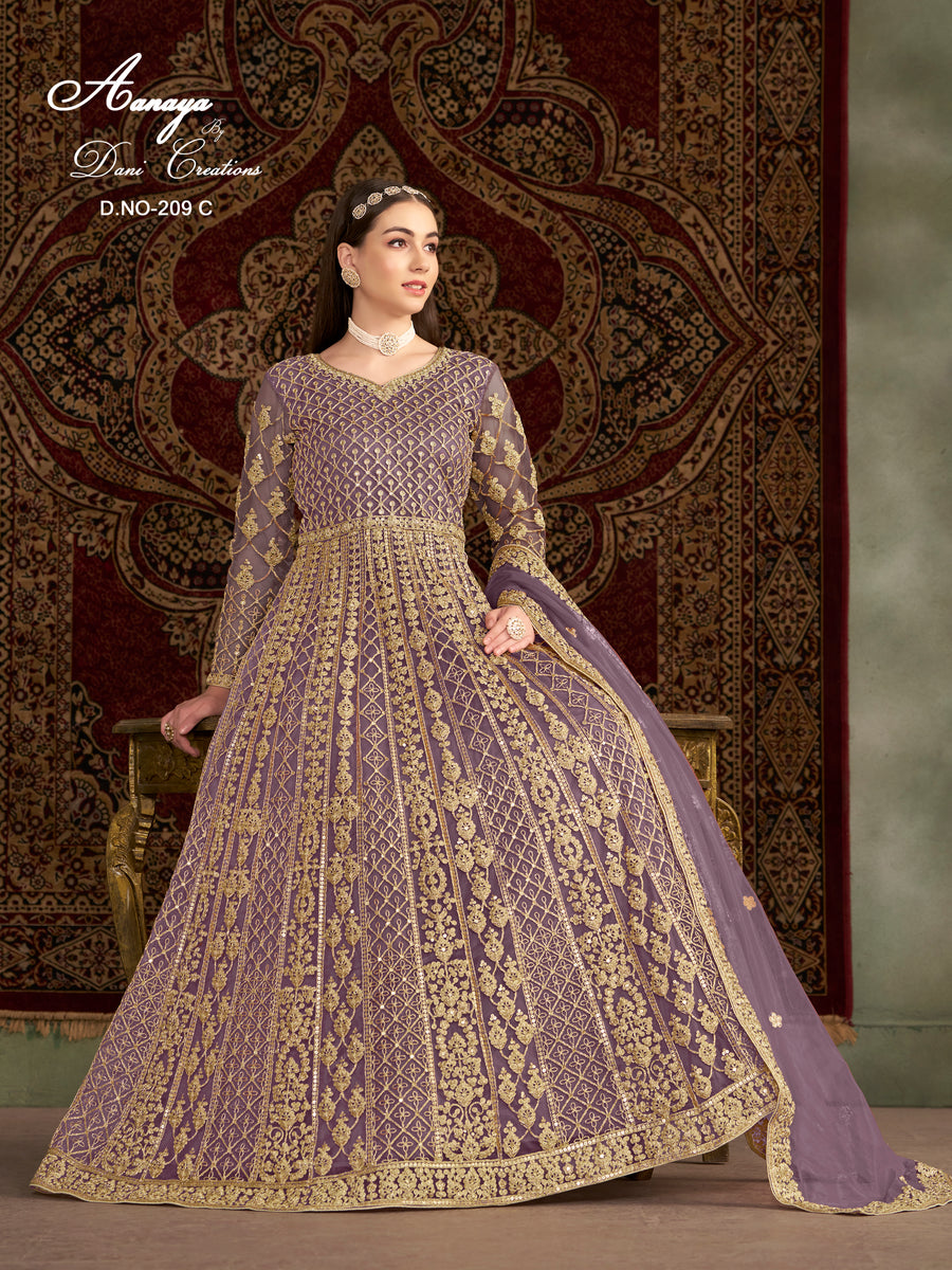 Purple Net Pakistani Anarkali Suit with Sequins and Dori Work