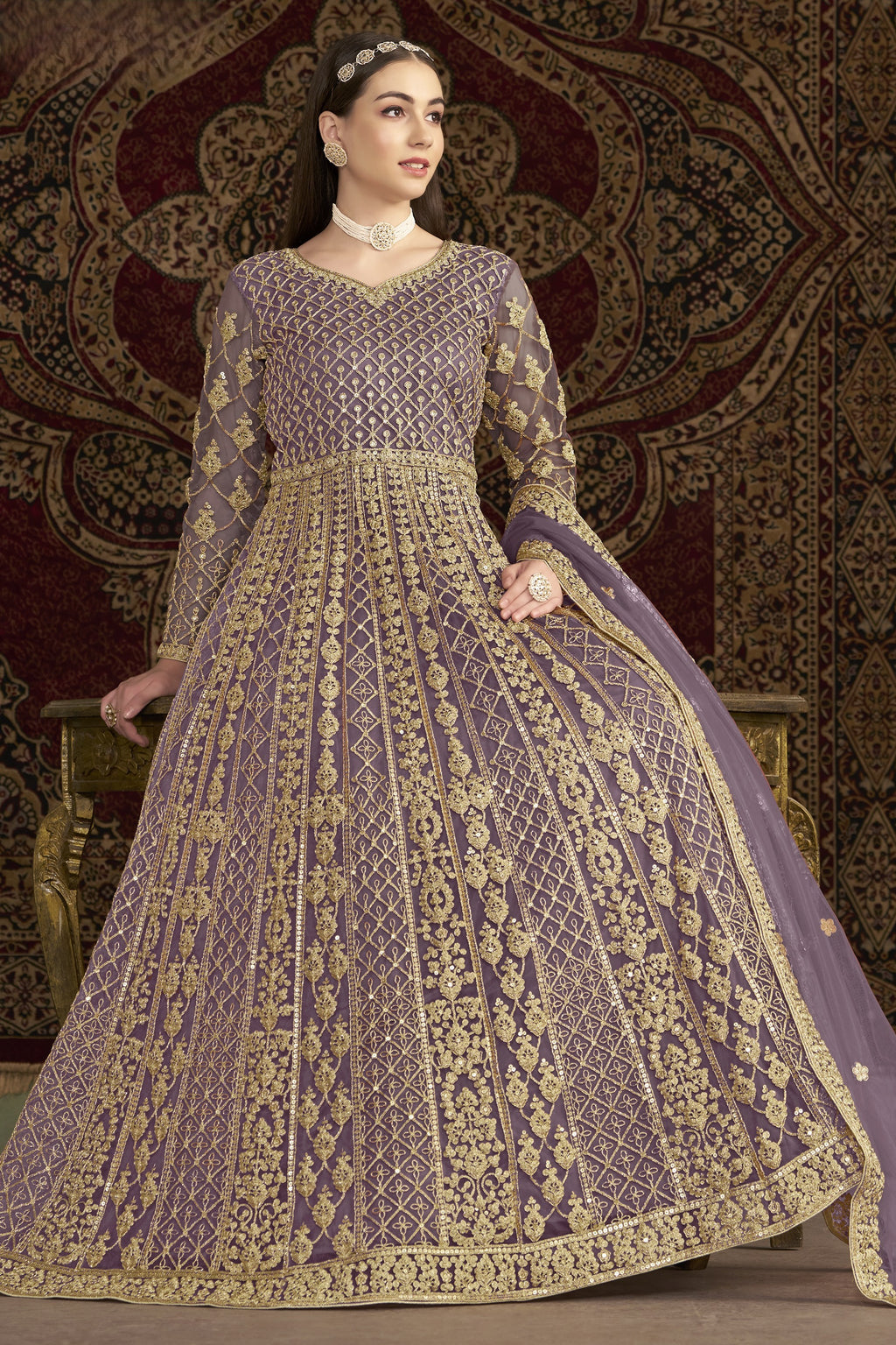 Purple Net Pakistani Anarkali Suit with Sequins and Dori Work