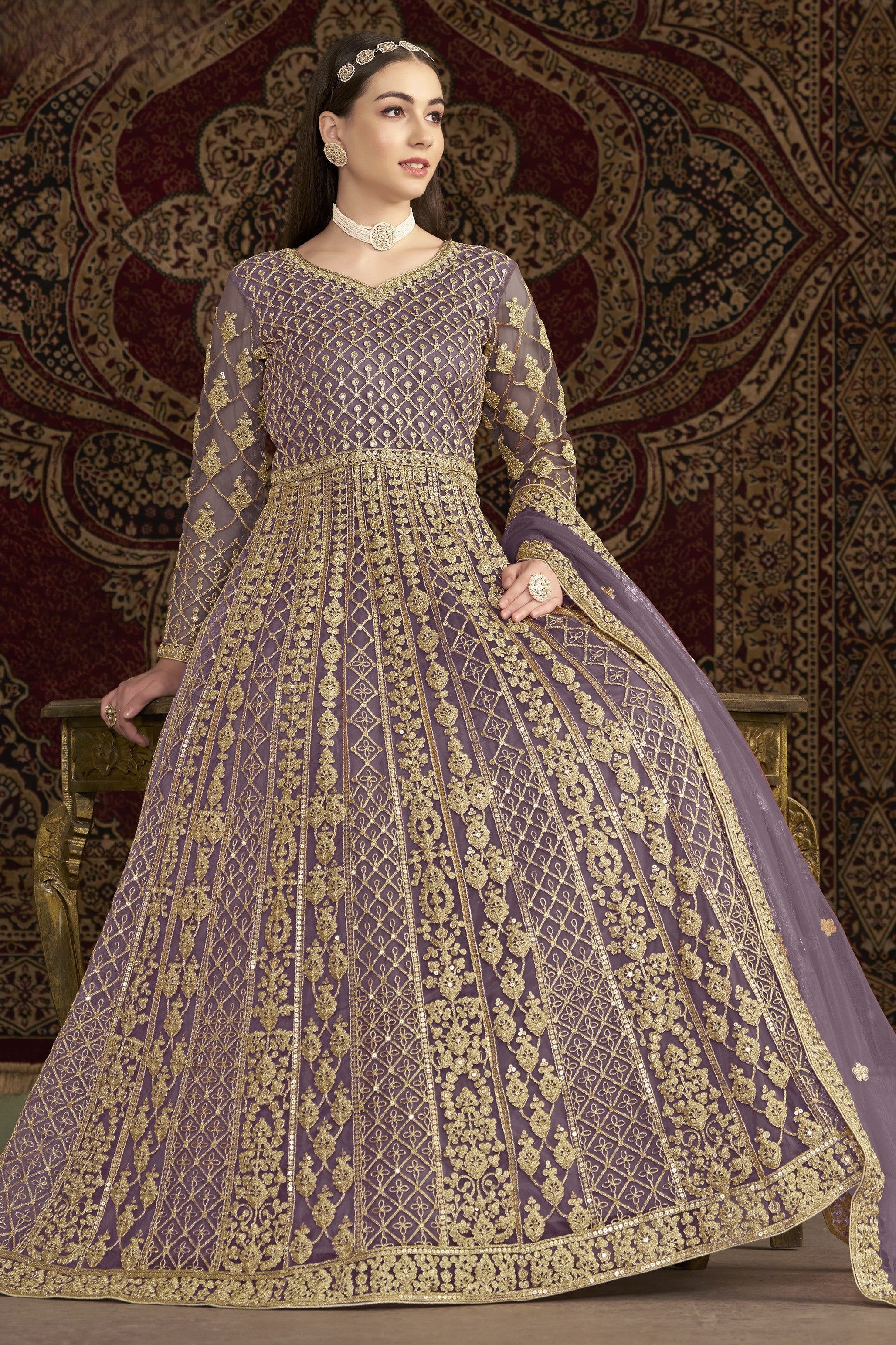 Purple Net Pakistani Anarkali Suit with Sequins and Dori Work