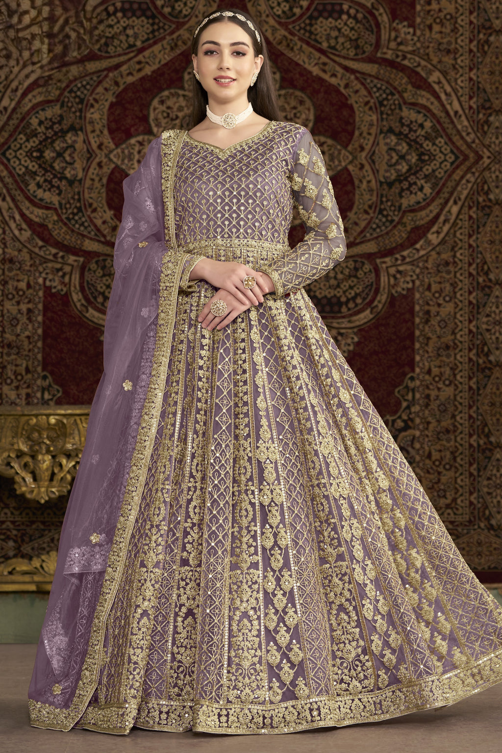 Purple Net Pakistani Anarkali Suit with Sequins and Dori Work