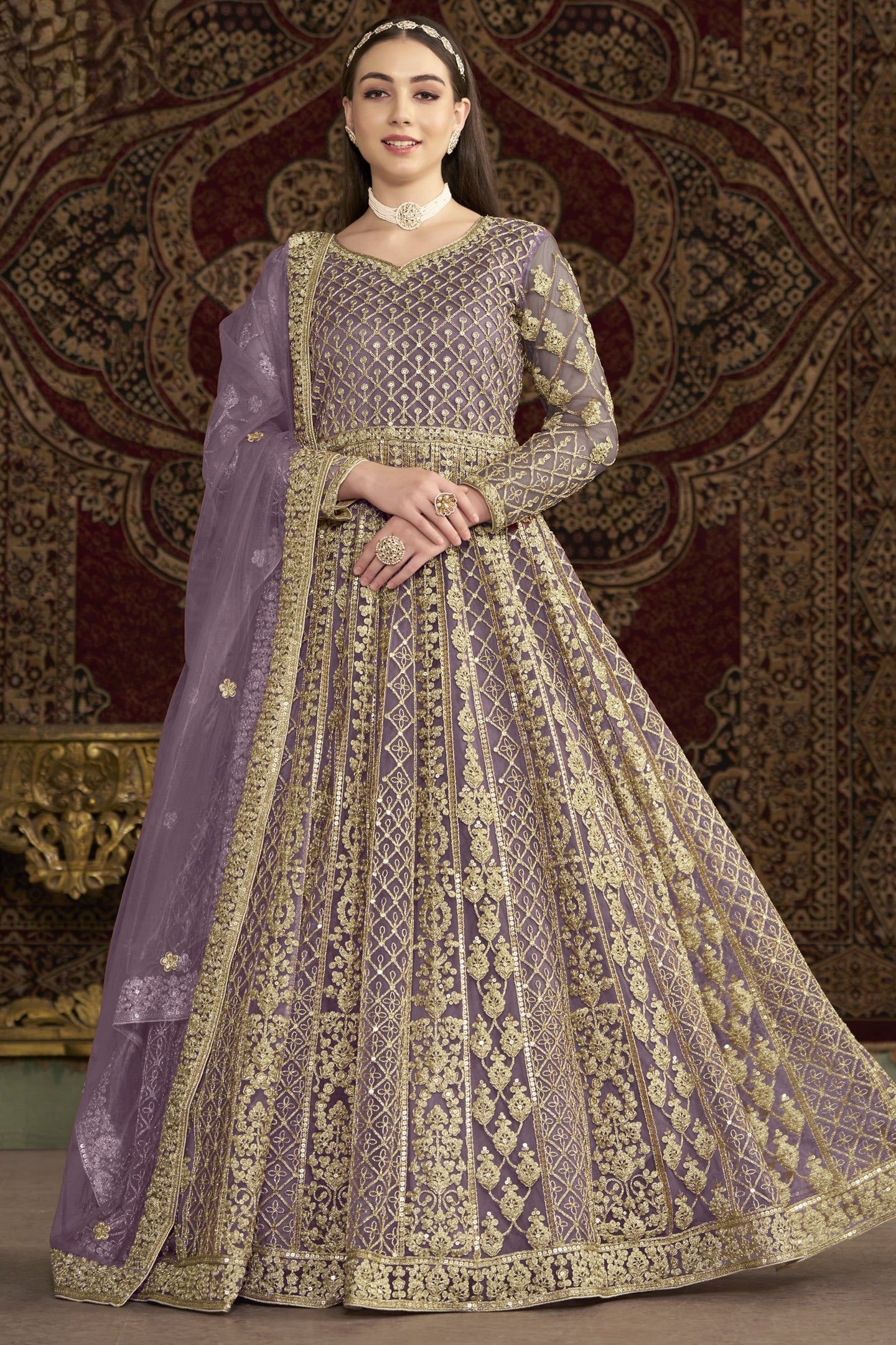 Purple Net Pakistani Anarkali Suit with Sequins and Dori Work