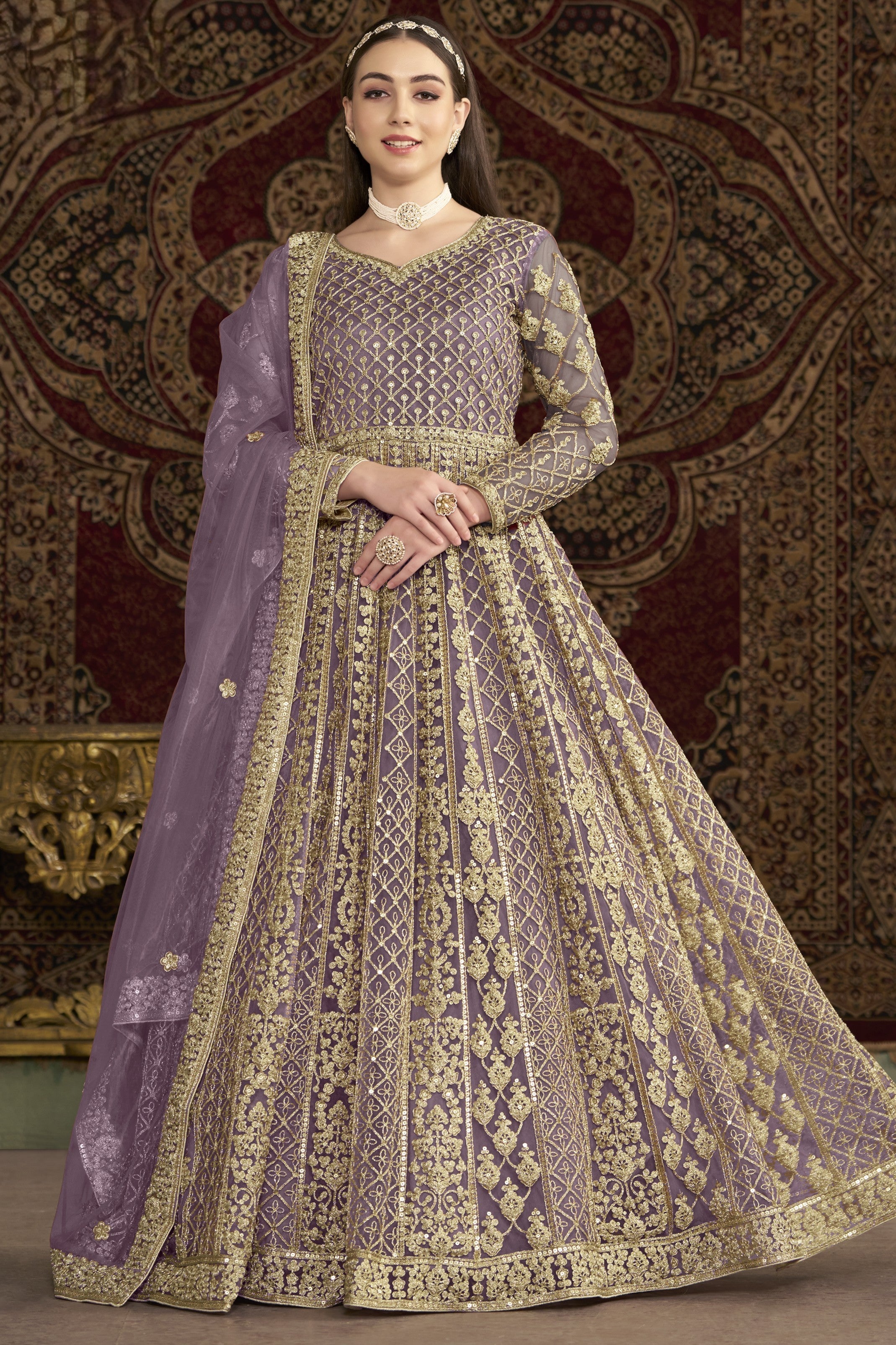 Purple Net Pakistani Anarkali Suit with Sequins and Dori Work