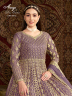 Purple Net Pakistani Anarkali Suit with Sequins and Dori Work