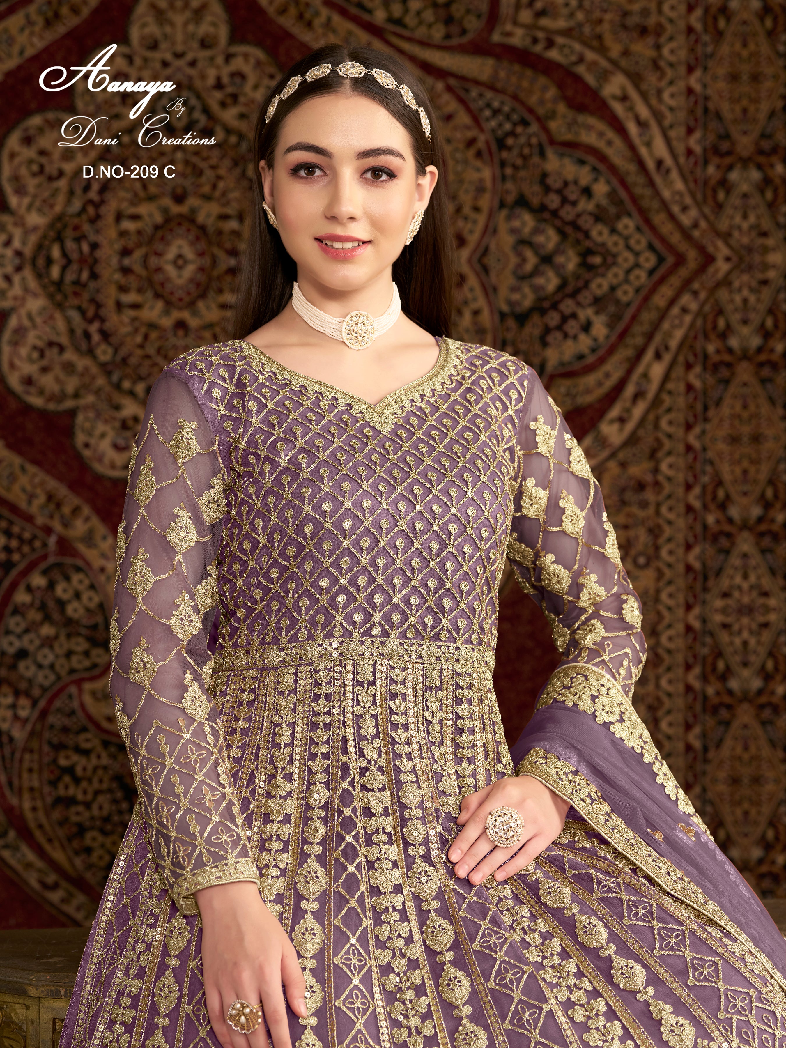 Purple Net Pakistani Anarkali Suit with Sequins and Dori Work