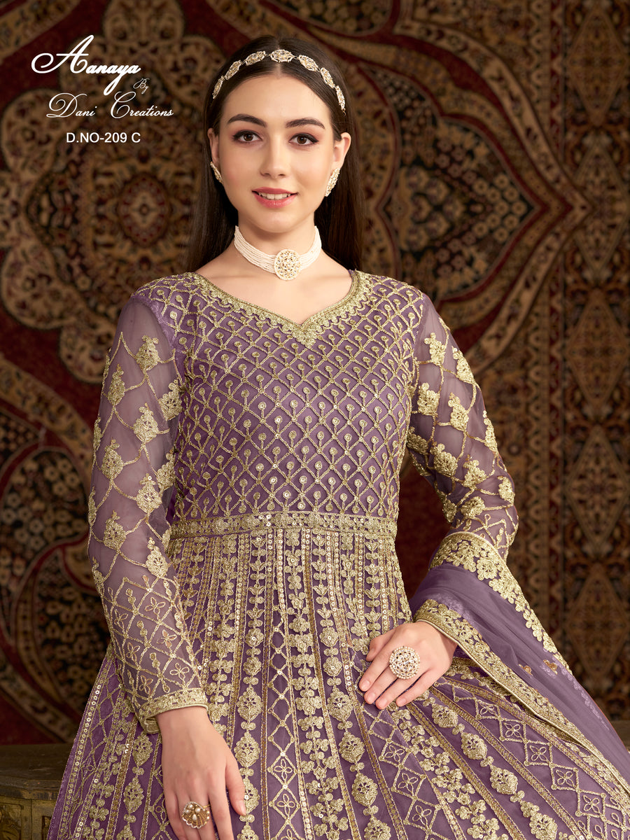 Purple Net Pakistani Anarkali Suit with Sequins and Dori Work