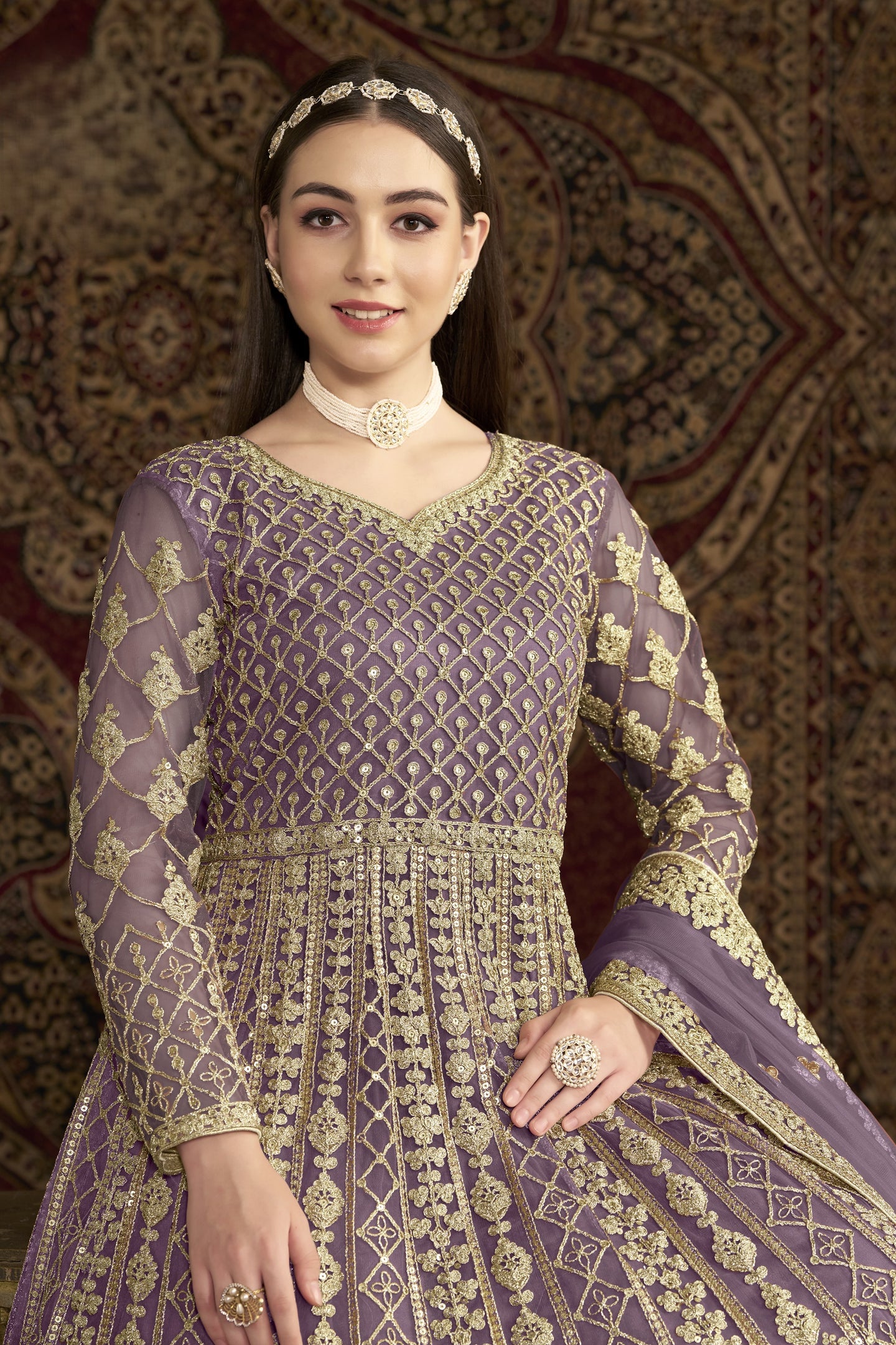 Purple Net Pakistani Anarkali Suit with Sequins and Dori Work