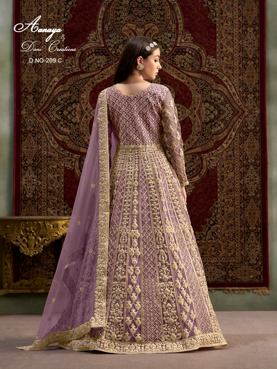 Purple Net Pakistani Anarkali Suit with Sequins and Dori Work