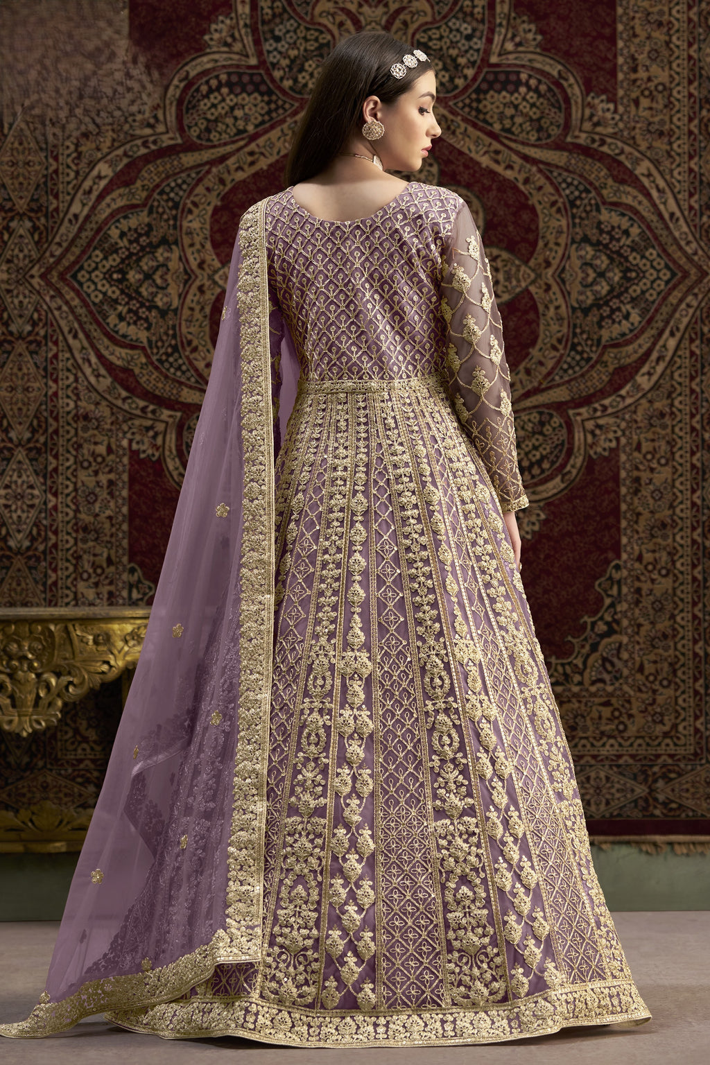 Purple Net Pakistani Anarkali Suit with Sequins and Dori Work