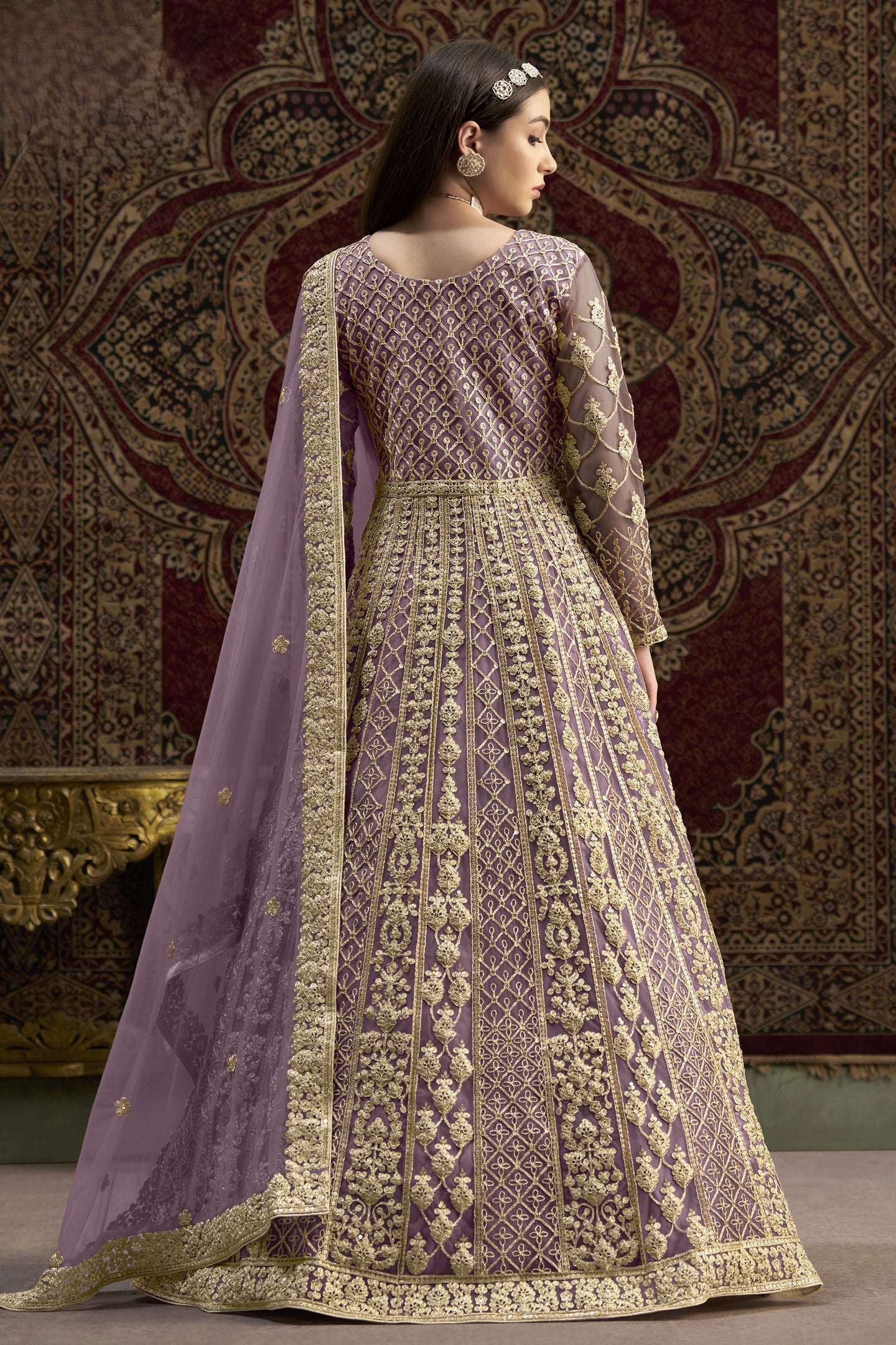 Purple Net Pakistani Anarkali Suit with Sequins and Dori Work